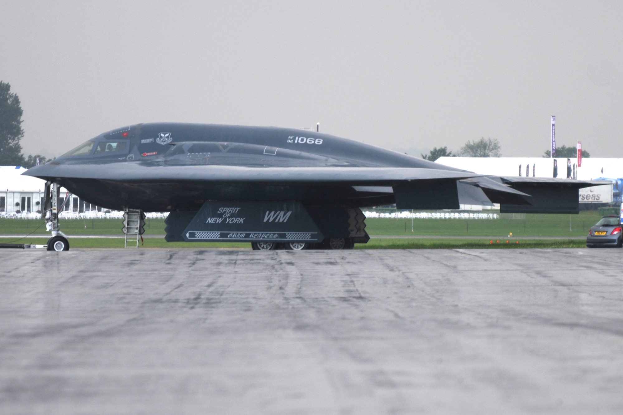 RAF FAIRFORD, United Kingdom - A B-2 Spirit from Whiteman AFB, Mo., is towed into its hanger upon its arrival at the Royal International Air Tattoo July 6. (U.S. Air Force photo by Capt. Brian Maguire)