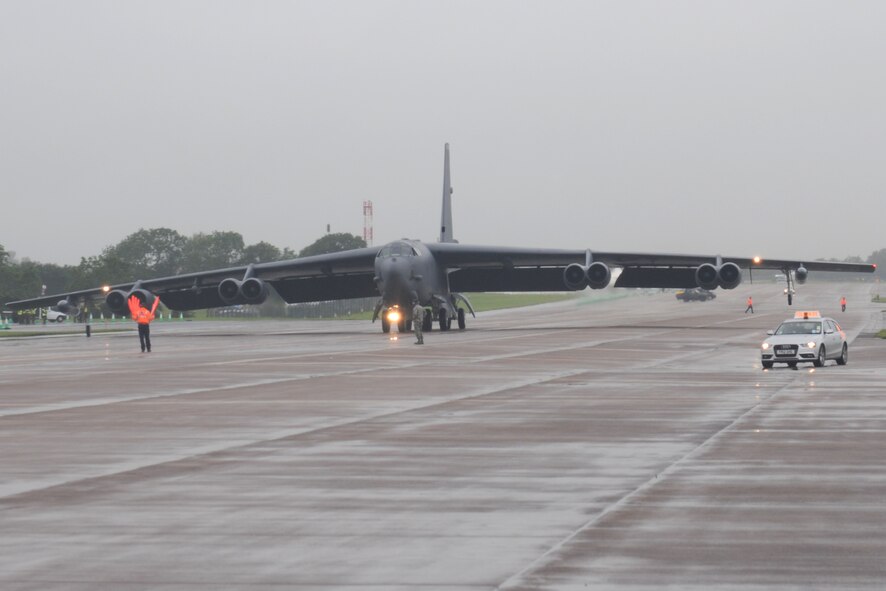 RAF FAIRFORD, United Kingdom - A B-52 Stratofortress from Barksdale AFB, La., lands at the Royal International Air Tattoo July 4 here. (U.S. Air Force photo by Capt. Brian Maguire) 

