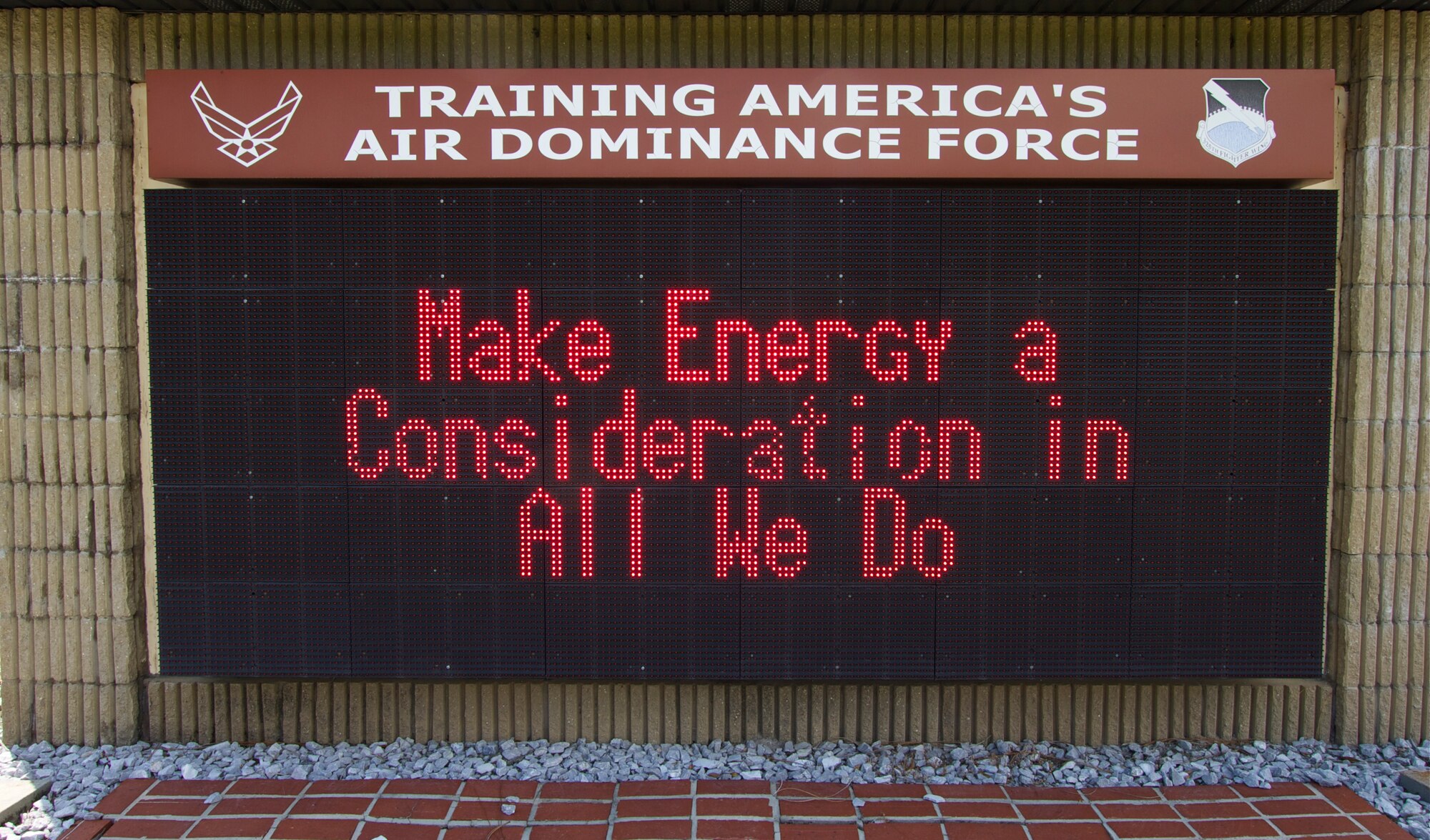 A marquee at Tyndall Air Force Base, Fla., reminds motorists to save energy. It costs Tyndall approximately $1 million dollars a month to provide energy and water to its facilities. (Photo by Mr. Eddie Green)