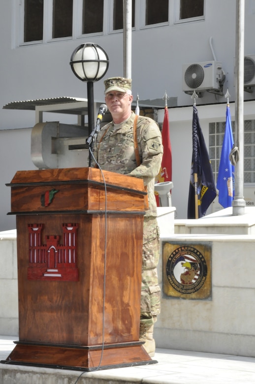 KABUL, Afghanistan — Maj. Gen. Michael Eyre, commander of the U.S. Army Corps of Engineers Transatlantic Division, speaks at the Afghanistan Engineer District-North change of command ceremony here, July 8, 2012.