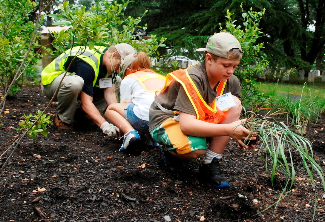 Ben Bradley, a youth volunteer with Professional Landcare Network, also known as Planet, plants a milkweed plant during the 16th annual Renewal and Remembrance Volunteer Day of Service at Arlington National Cemetery in Arlington, Va., July 9, 2012. 
