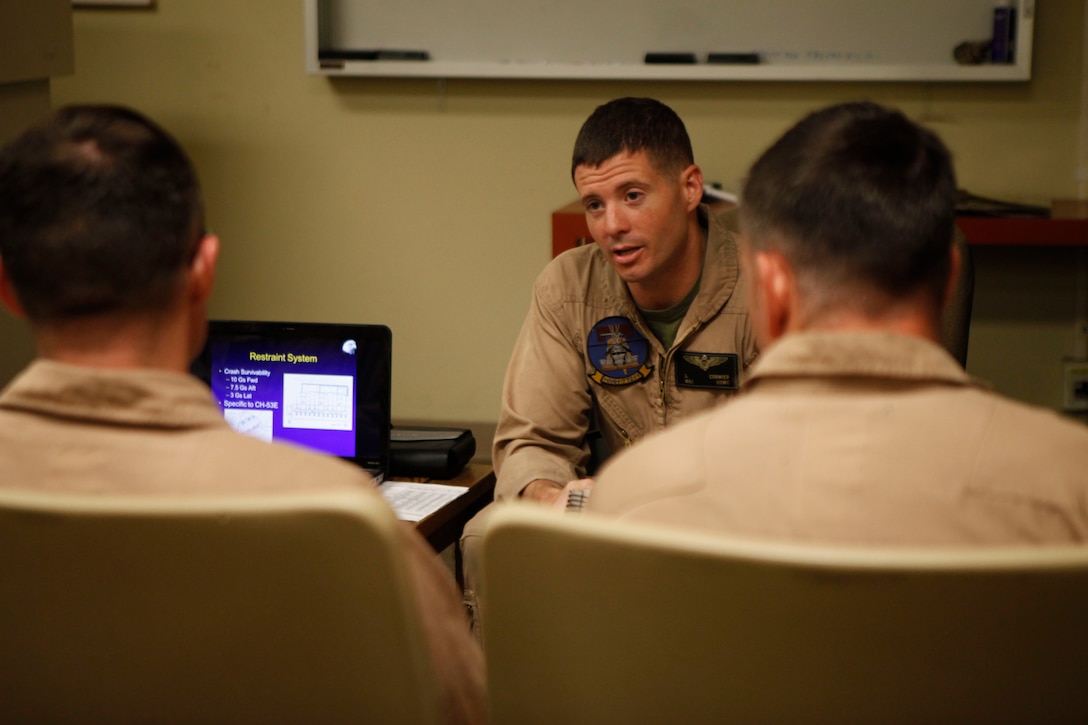 MARINE CORPS AIR STATION YUMA, Ariz. - Maj. Josh Cormier, CH-53E pilot and maintenance officer for Marine Heavy Helicopter Squadron 772, gives a pre-flight brief to his fellow pilots prior to a mission to Marine Corps Air Ground Combat Center Twentynine Palms, Calif., July 9 during Exercise Javelin Thrust 2012. Javelin Thrust is an annual large-scale exercise which allows active and reserve Marines and sailors from 38 different states to train together as a seamless Marine Air Ground Task Force. (photo by Master Sgt. Chris W. Cox)