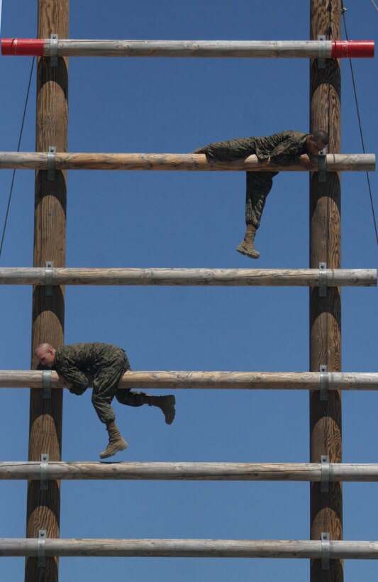 The stairway to heaven is a 30-foot ladder-like obstacle aboard Marine Corps Recruit Depot San Diego. Recruits must climb to the top, climb over the top log and go back down the other way. 