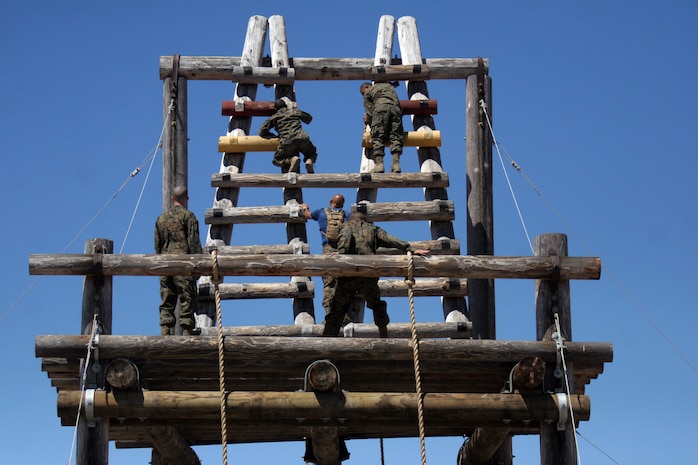 The "A" frame is a 30-foot obstacle on the Confidence Course aboard Marine Corps Recruit Depot San Diego. The obstacle requires recruits to use upper-body strength, balance and confidence to overcome. 