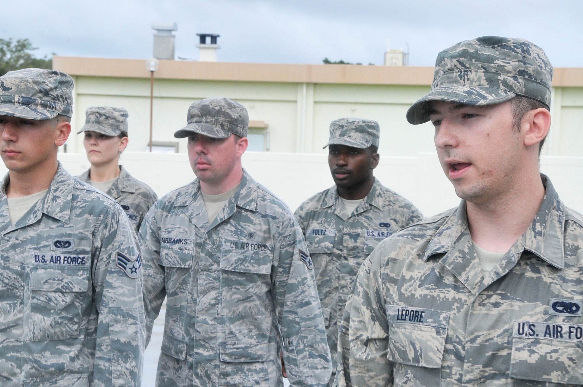 U.S. Air Force Senior Airman Vincent Lepore, Airmen Leadership School student, leads his flight in drill June 28, 2012 at Kadena Air Base. The Erwin PME Center is one of seven in the Air Force, and the only one in Pacific Air Force, to test a new ALS curriculum. (U.S. Air Force photo/Staff Sgt. Darnell T. Cannady)