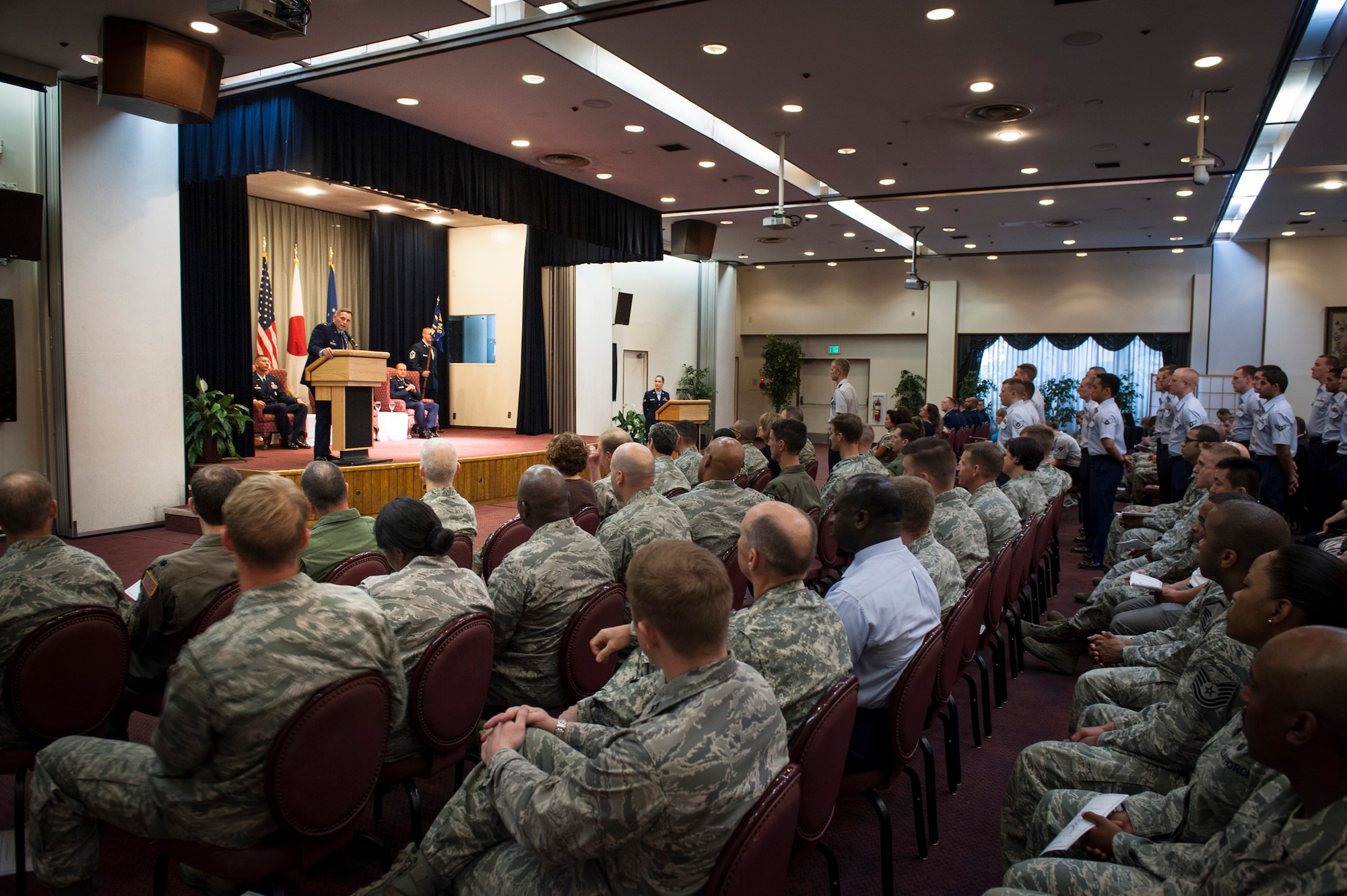 YOKOTA AIR BASE, Japan -- Lt. Col. Rocky Favorito, 374th Communications Squadron outgoing commander, gives a final speech during the 374 CS change of command ceremony at Yokota Air Base, Japan, July 6, 2012. Favorito said leading the squadron was the highlight of his career and praised his Airmen for their dedicated service. (U.S. Air Force photo by Tech. Sgt. Samuel Morse)
