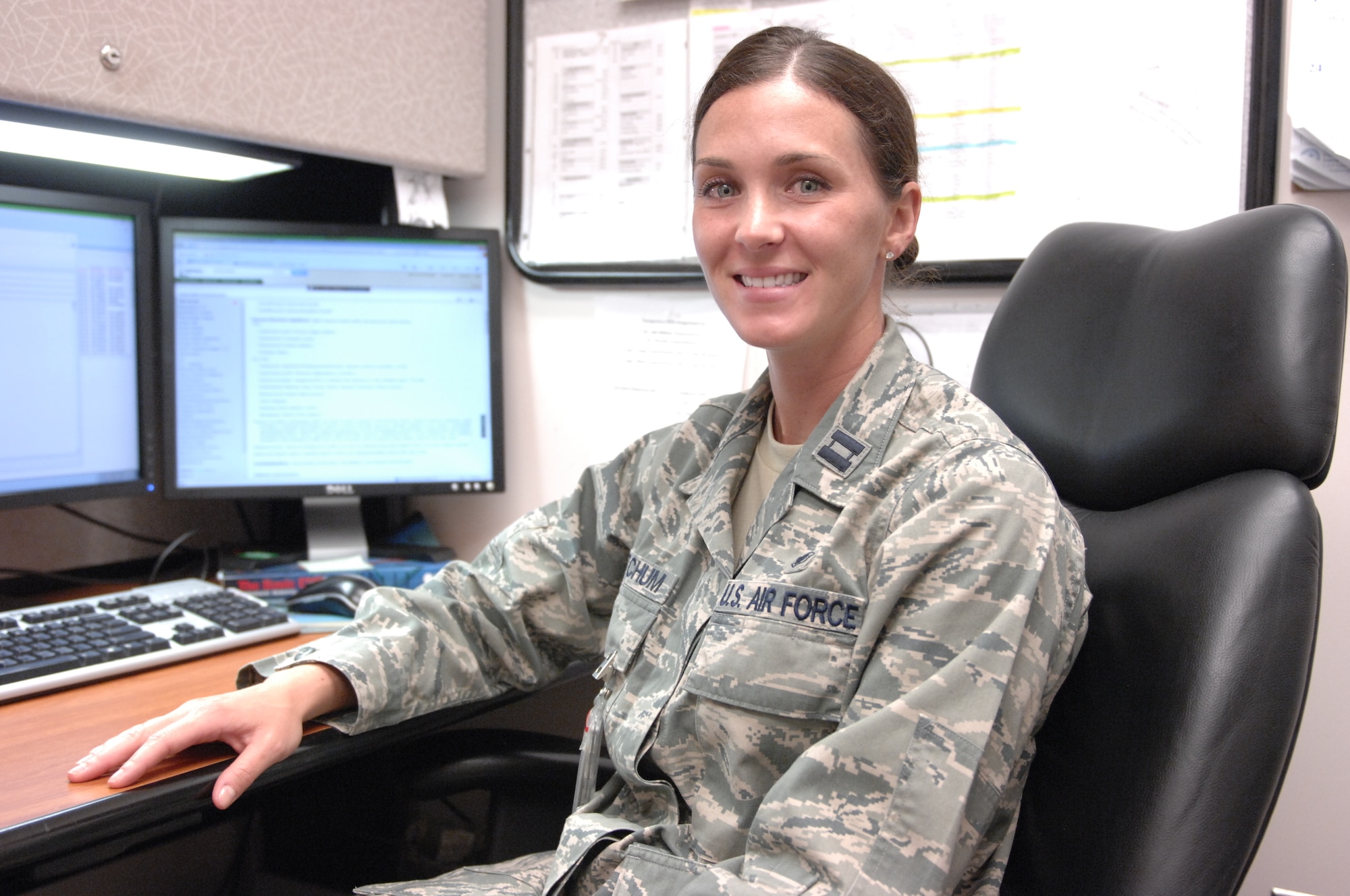 U.S. Air Force Capt. Jennifer Mitchum, 20th Medical Operations Squadron clinic nurse and flight chief at the Family Health Clinic, poses for a photo at Shaw Air Force Base, S.C., June 29, 2012. Mitchum recetly returned from a seven month deployment at Combat Outpost Khilagay, Afghanistan. She was attached to the U.S. Army 2nd Forward Surgical Team as a trauma and surgical nurse. (U.S. Air Force photo by Airman 1st Class Krystal M. Jeffers/Released)