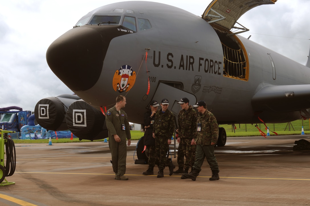 RAF FAIRFORD, United Kingdom - Capt. John Skypeck, 351st Air Refueling Squadron, RAF Mildenhall, U.K., discusses the capabilities of the KC-135 Stratotanker with Air Training Cadets at the Royal International Air Tattoo at RAF Fairford. (U.S. Air Force photo by Capt. Brian Maguire)