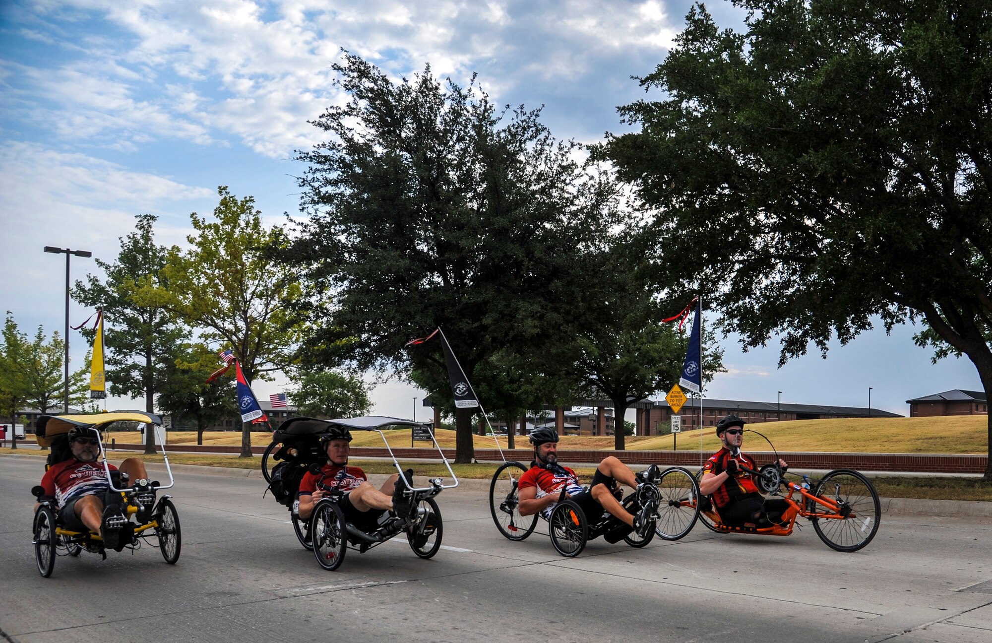 GOODFELLOW AIR FORCE BASE, Texas-- Members of the Ride for Heroes team ride to their next destination July 9. Ride for Heroes raises funds for the Injured Marine Semper Fi Fund. The fund is a nonprofit organization that provides immediate financial support for injured and critically ill members of the U.S. Armed Forces and their families. (U.S. Air Force photo/Airman 1st Class Michael Smith)