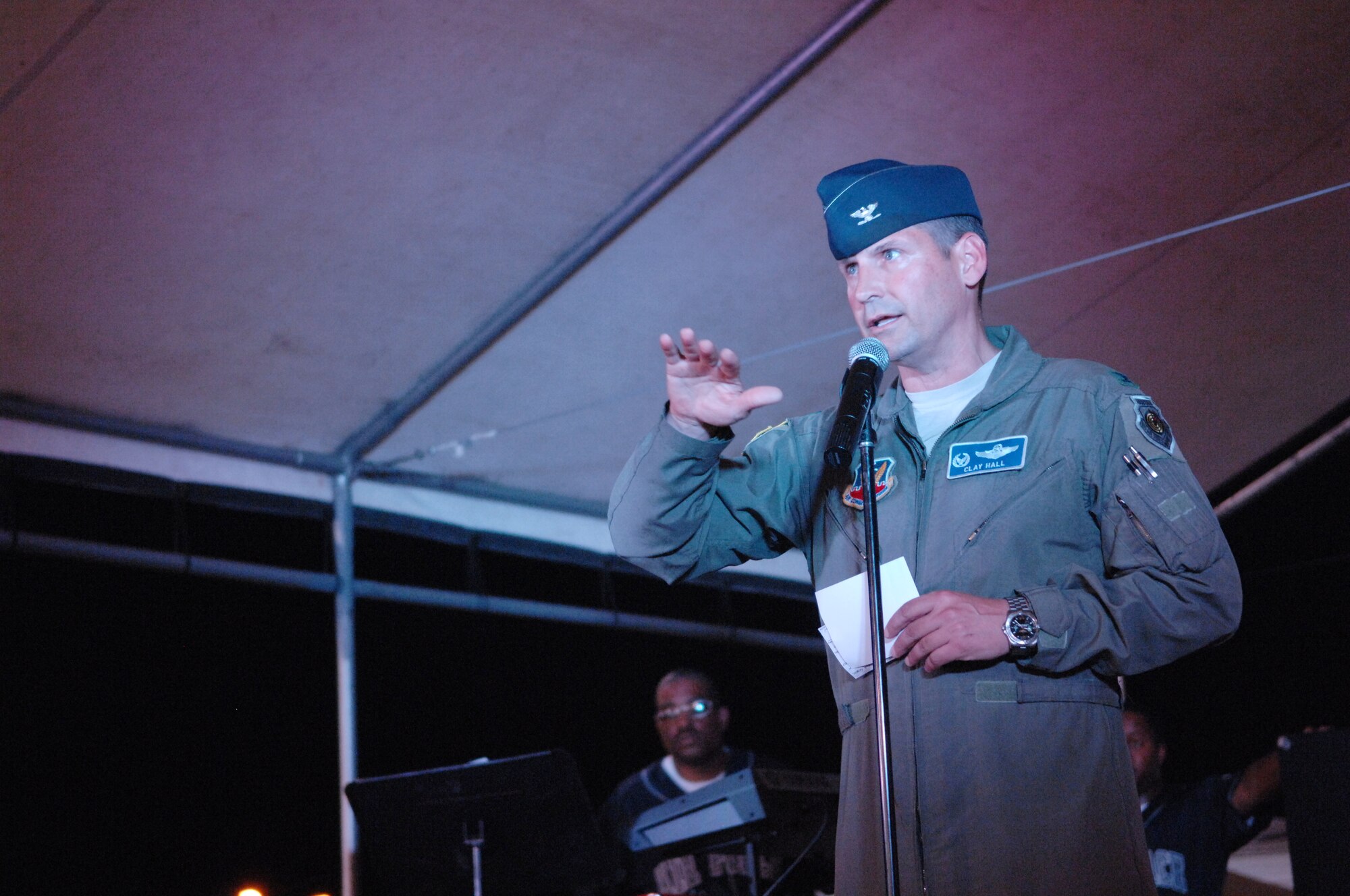 U.S. Air Force Col. Clay Hall, 20th Fighter Wing commander, gives his remarks to the community at Dillon Park, Sumter, S.C., July 4, 2012.  Shaw Air Force Base funded the fireworks display for the Sumter community.(U.S. Air Force photo by Airman Nicole Sikorski/Released)

