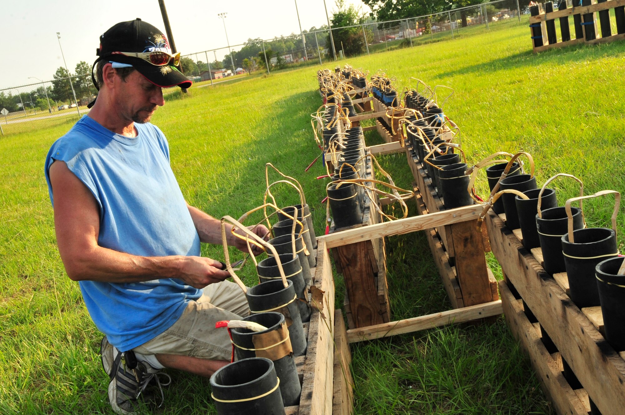 Bill Pawlik, Zambelli fireworks shooter, prepares the fireworks display for the Jammin July Fourth, at Dillon Park, Sumter, S.C., July 4, 2012.  Shaw Air Force Base and the city funded the fireworks display for the Sumter community.(U.S. Air Force photo by Airman Nicole Sikorski/Released)
