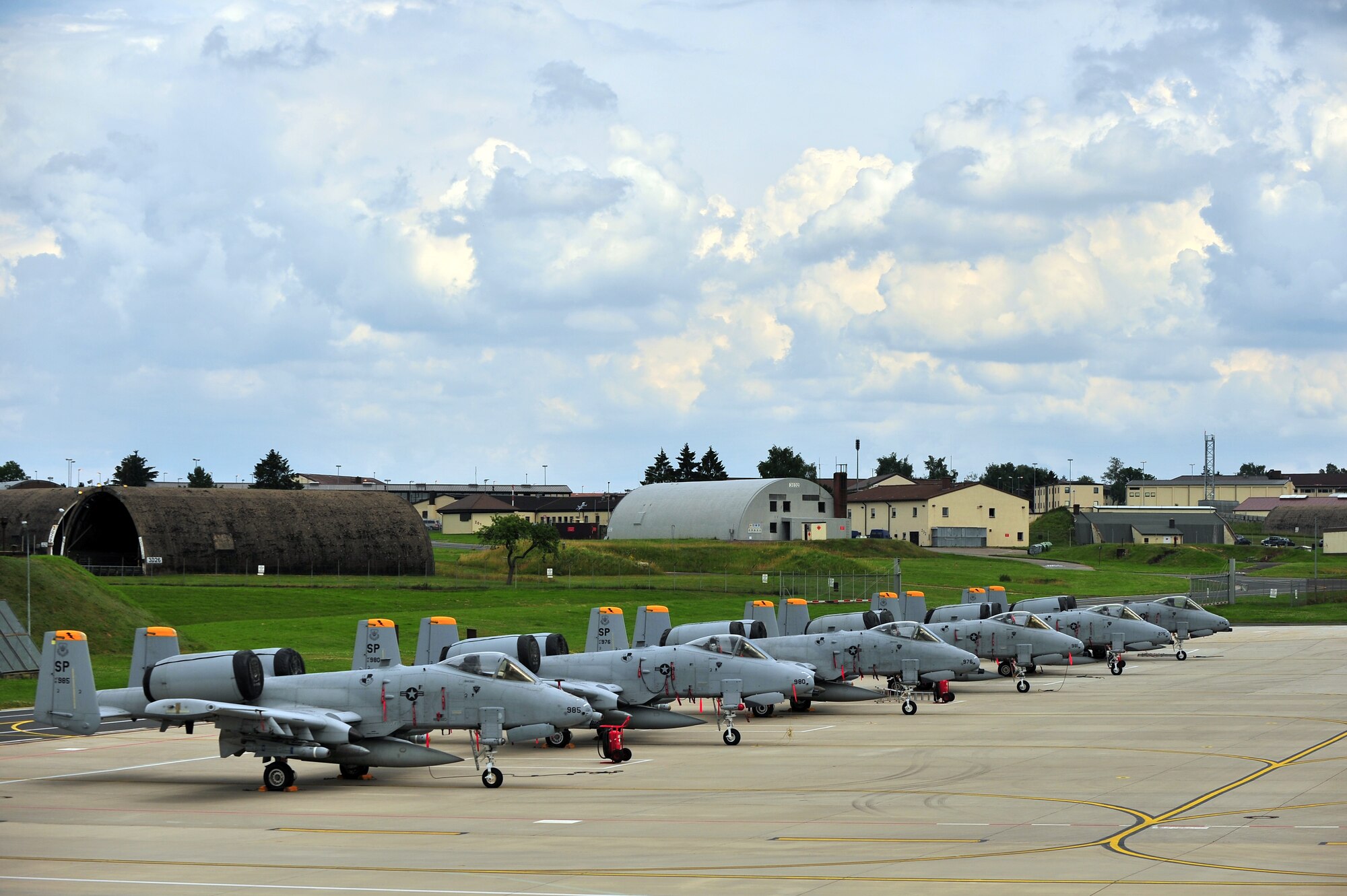 SPANGDAHLEM AIR BASE, Germany – A-10 Thunderbolt II aircraft from the 81st Fighter Squadron wait on Ramp 4 here July 5 before leaving for Exercise Dacian Thunder July 6. The 81st FS, along with members of the Romanian air force, are working together during the exercise to practice close-air-support and combat search and rescue techniques to build partnerships while mutually improving their capabilities. (U.S. Air Force photo by Airman 1st Class Dillon Davis/Released)