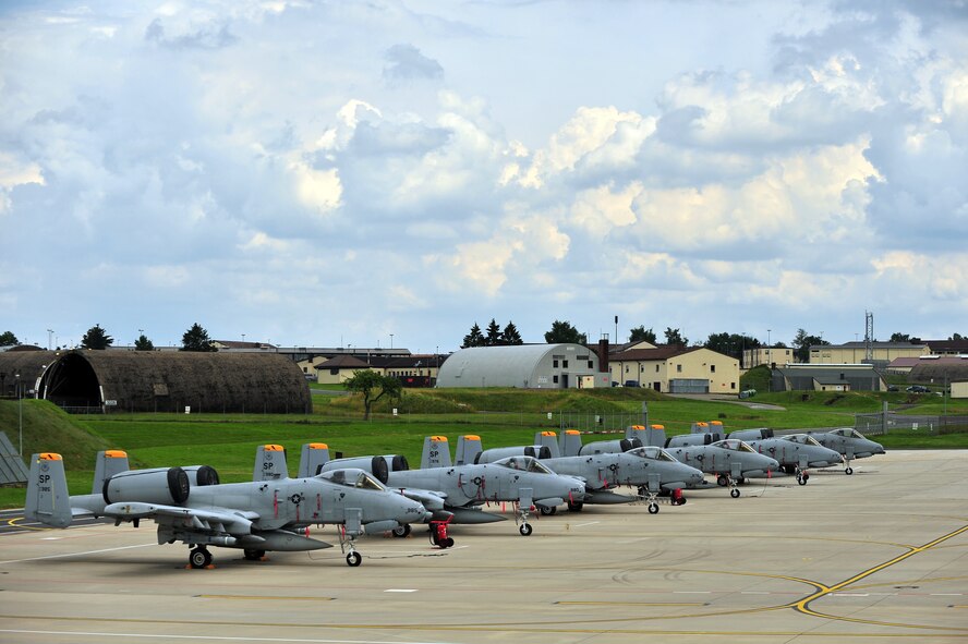 SPANGDAHLEM AIR BASE, Germany – A-10 Thunderbolt II aircraft from the 81st Fighter Squadron wait on Ramp 4 here July 5 before leaving for Exercise Dacian Thunder July 6. The 81st FS, along with members of the Romanian air force, are working together during the exercise to practice close-air-support and combat search and rescue techniques to build partnerships while mutually improving their capabilities. (U.S. Air Force photo by Airman 1st Class Dillon Davis/Released)