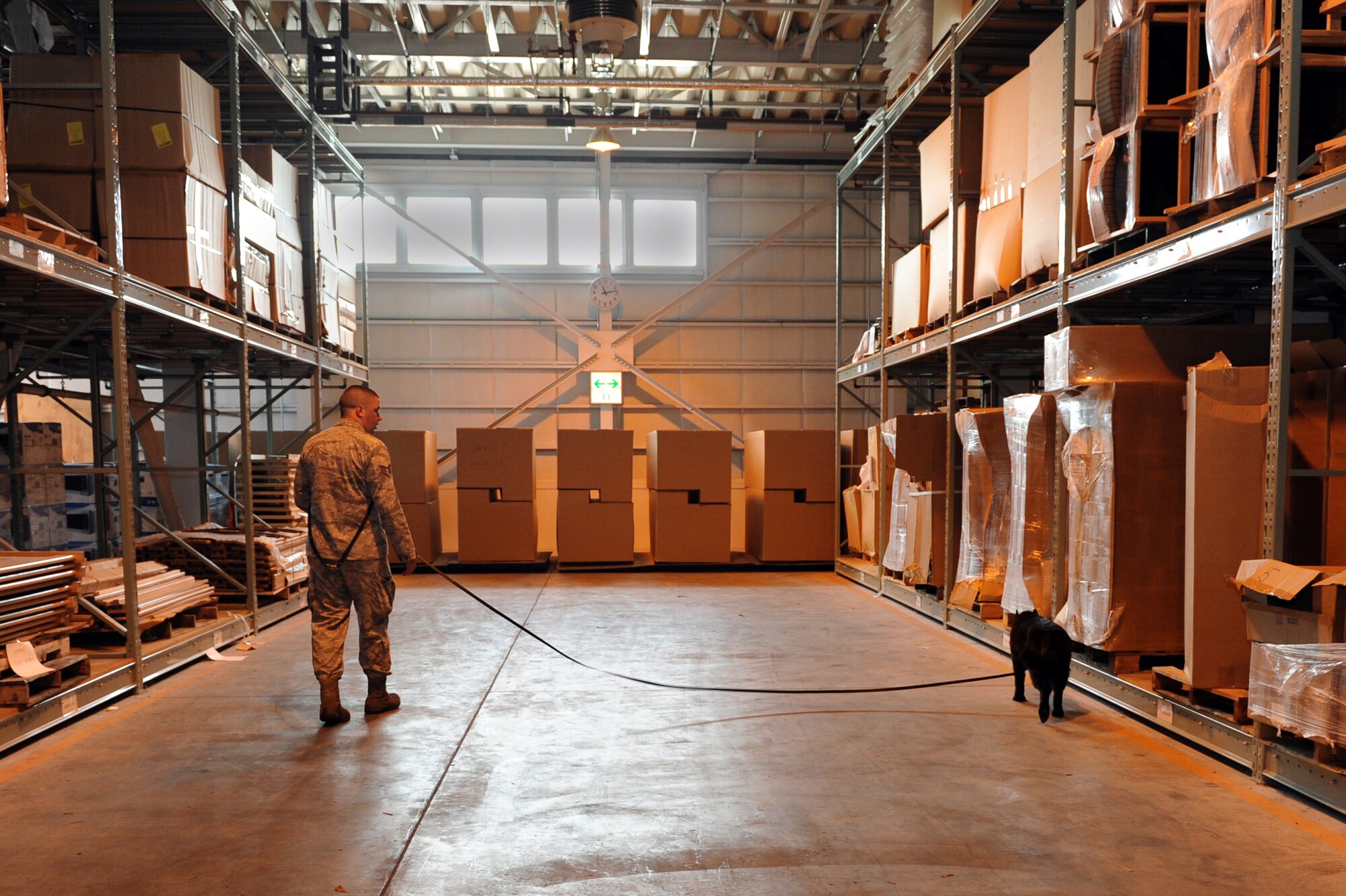 U.S. Air Force Staff Sgt. Christopher Rutkowski, 35th Security Forces Squadron military working dog handler, and Aja, 35 SFS military working dog, search the furnishings management office warehouse for contraband and strange odors during detection training at Misawa Air Base, Japan, July 10, 2012. Military working dogs are used in patrol, drug and explosive detection and specialized mission functions for the Department of Defense and other governmental agencies. (U.S. Air Force photo by Airman 1st Class Kia Atkins/Released) 