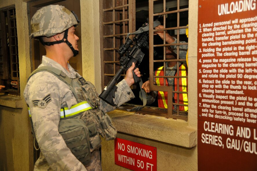 Senior Airman Chris Guthrie, 8th Security Forces Squadron, arms-up for his shift during a base exercise, Beverly Midnight 12-03, at Kunsan Air Base, Republic of Korea, July 8, 2012. . Airmen participate in several exercises throughout the year that test their ability to work during a simulated wartime mission.  (US Air Force photo/Senior Airman Marcus Morris)