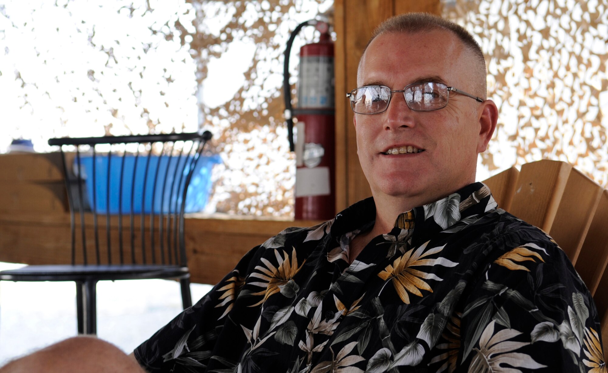 SOUTHWEST ASIA – Master Sgt. Gary Shannon, 386th Expeditionary Civil Engineer Squadron firefighter, participates in civilian clothing day during the Freedom Fest 2012 here July 4. Later during the day, Shannon cheered on his co-workers during the swim relay race where the fire department won. (U.S. Air Force photo/Staff Sgt. Alexandra M. Boutte)