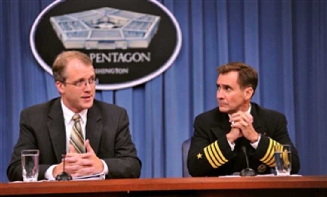 Acting Assistant Secretary of Defense for Public Affairs George E. Little and Deputy Assistant Secretary of Defense for Media Operations Capt. John Kirby brief the media in the Pentagon Press Briefing Room on July 10, 2012.  Little and Kirby addressed such issues as the impending threat of sequestration, hypoxia related issues with the F-22 Raptor and the status of the war in Afghanistan.  