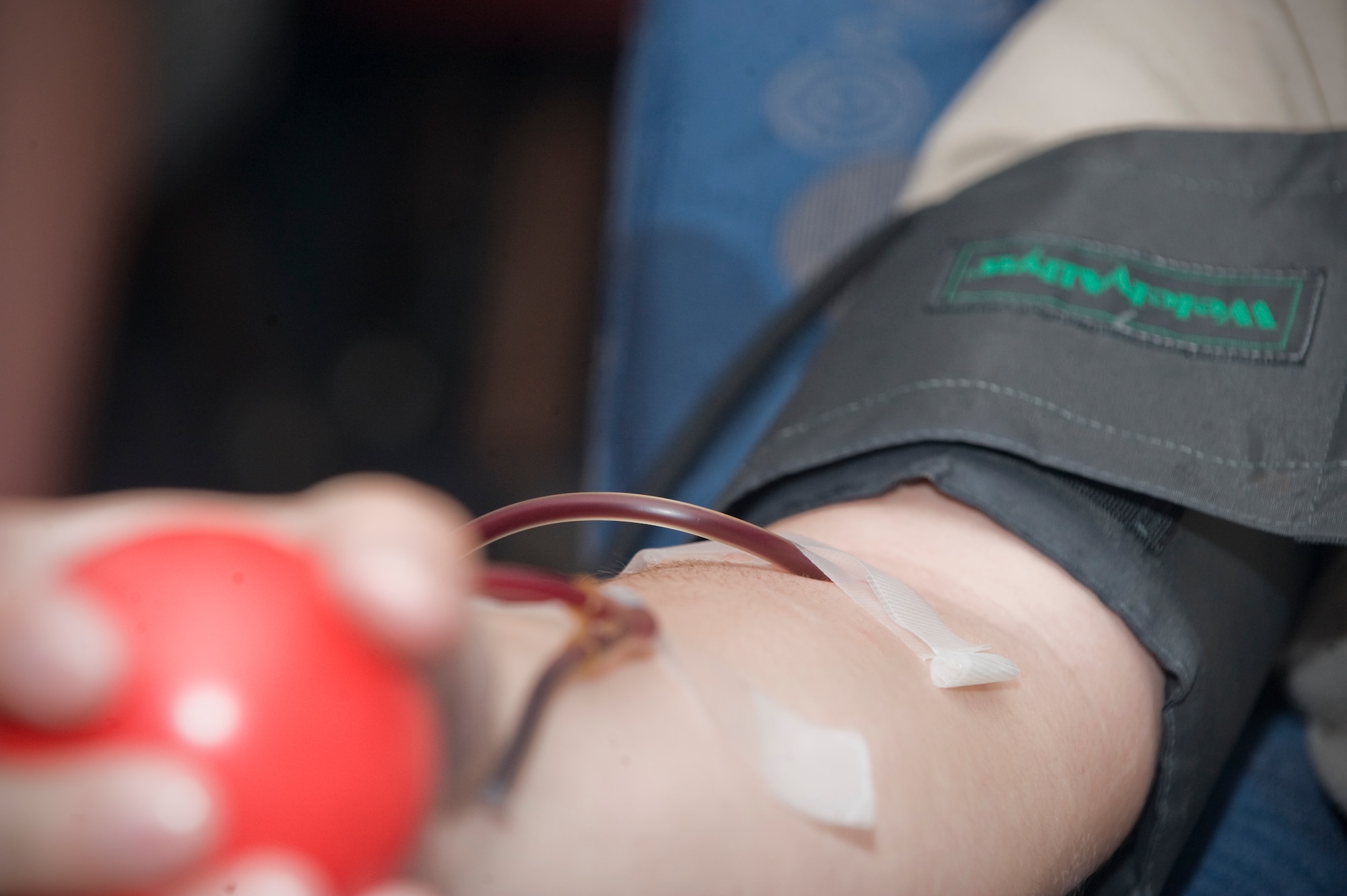 Airman 1st Class Johnny Guy, 7th Communication Squadron, has blood drawn during an on-base blood drive July 11, 2012, at Dyess Air Force Base, Texas. Dyess members came together with Meeks Blood Center to donate blood that will benefit community members within the city of Abilene and the surrounding areas. For more information on donating blood, call (325) 670-2798 or logon to their Web site at www.meekbloodcenter.org. (U.S. Air Force photo by Airman 1st Class Jonathan Stefanko/ Released)