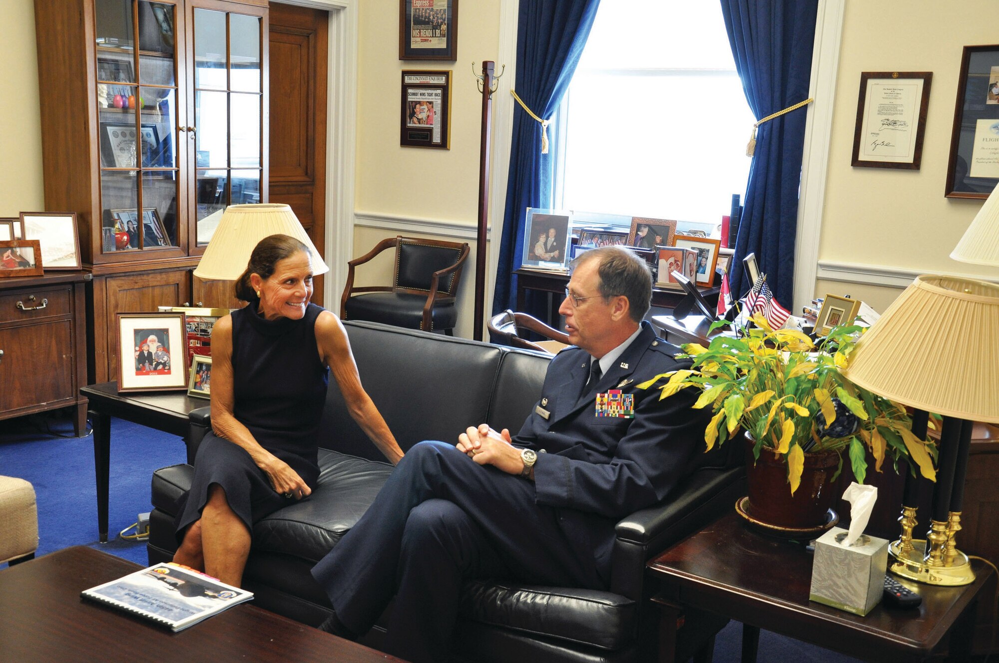 WRIGHT-PATTERSON AIR FORCE BASE, Ohio – Col. Stephen D. Goeman, 445th Airlift Wing commander, visits with Congresswoman Jean Schmidt, the Ohio 2nd District Representative to the United States Congress, during Capitol Hill visits June 19 and 20. Commanders meet annually with Congressmen representing their areas as part of an Air Force Reserve program to increase their unit’s visibility with members of Congress. (U.S. Air Force photo/Lt. Col. Cynthia Harris)