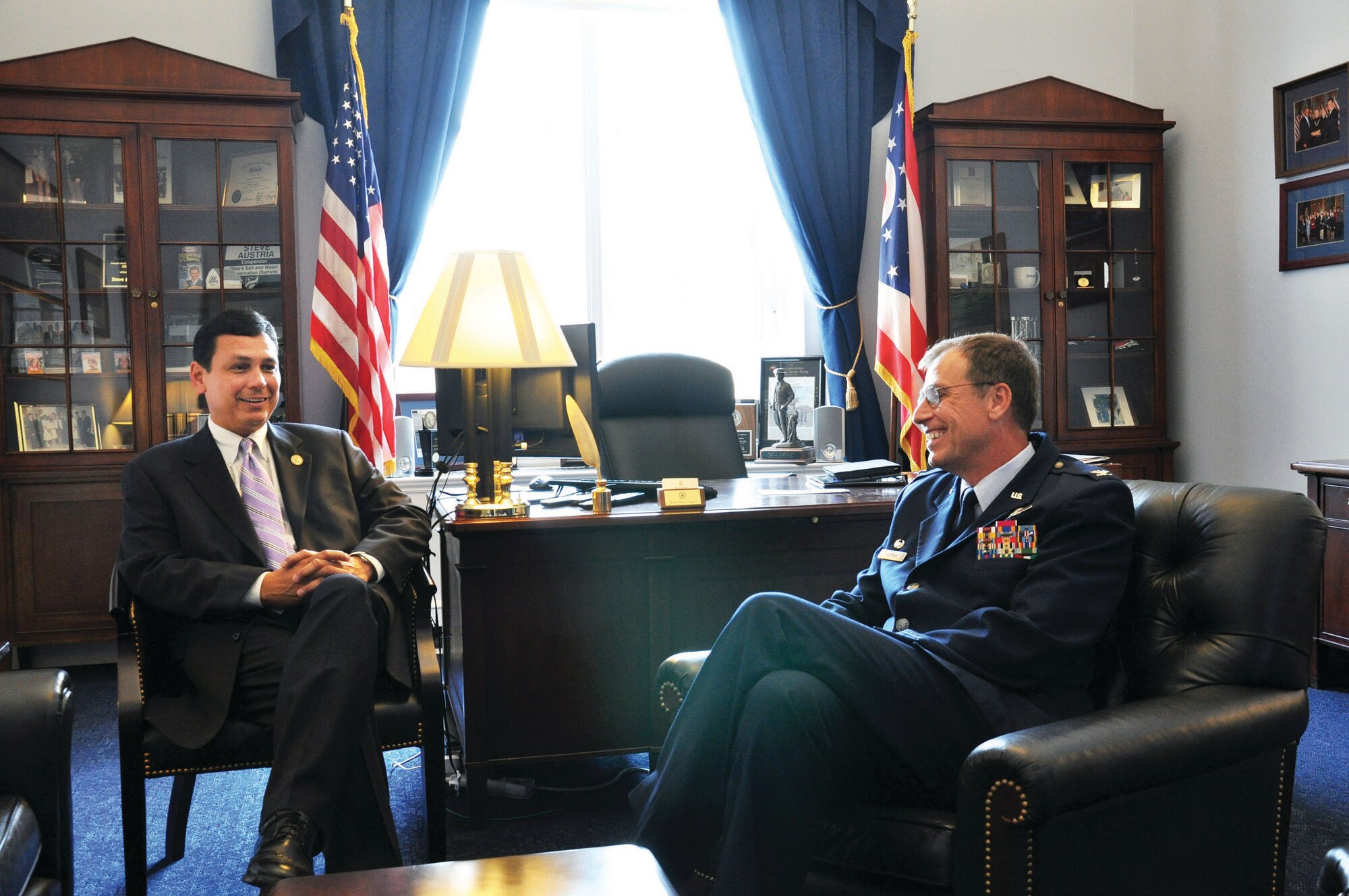 WRIGHT-PATTERSON AIR FORCE BASE, Ohio – Col. Stephen D. Goeman, 445th Airlift Wing commander, visits with Congressman Steve Austria, Ohio 7th district, during Capitol Hill visits June 19 and 20. Commanders meet annually with Congressmen representing their areas as part of an Air Force Reserve program to increase their unit’s visibility with members of Congress. (U.S. Air Force photo/Lt. Col. Cynthia Harris)