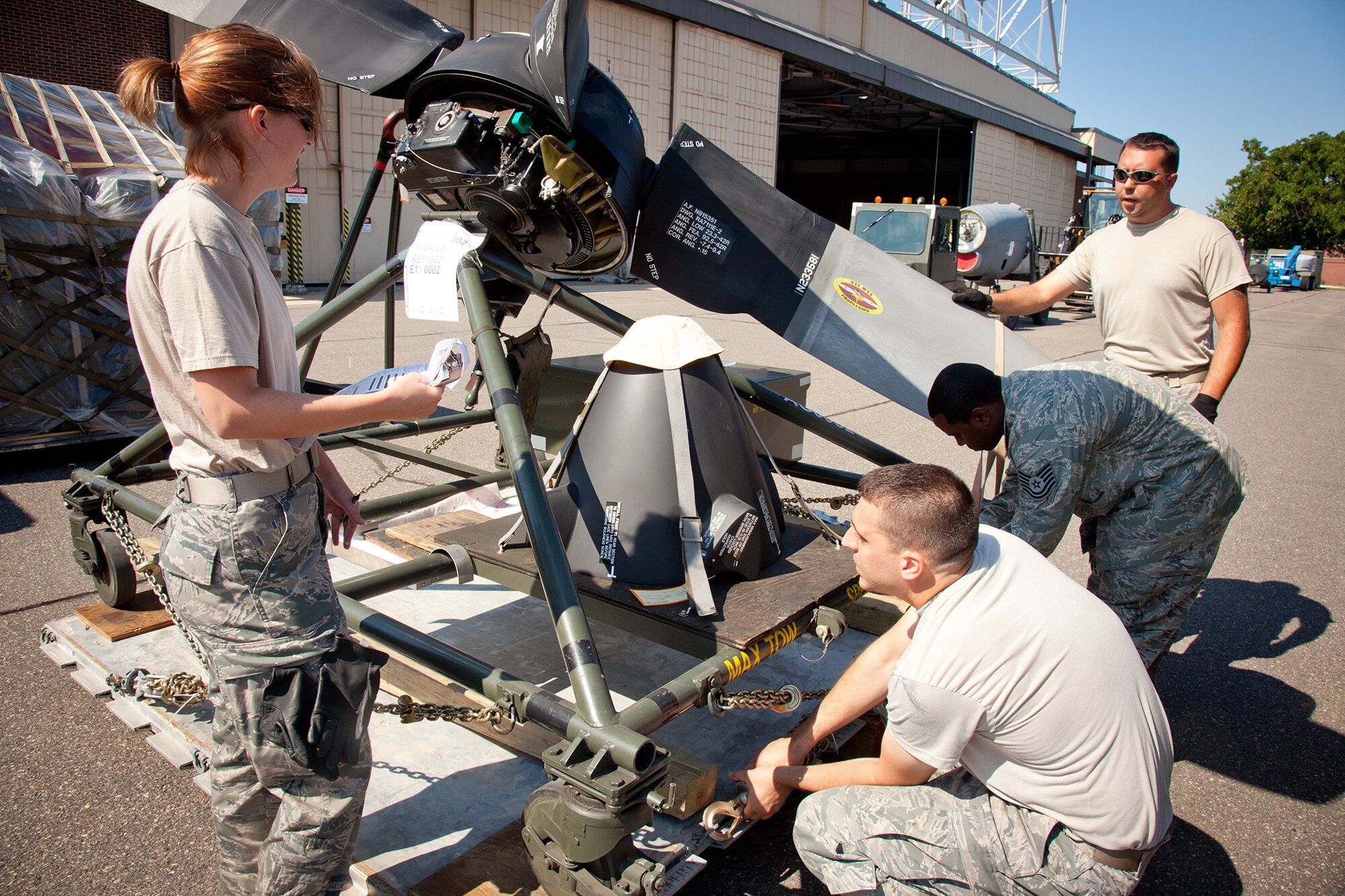The 27th Aerial Port Squadron conducts a cargo deployment exercise on July 7.  The exercise maintains unit readiness and allows Airmen practice loading and securing many types of equipment.  (U.S. Air Force Photo/Shannon McKay)