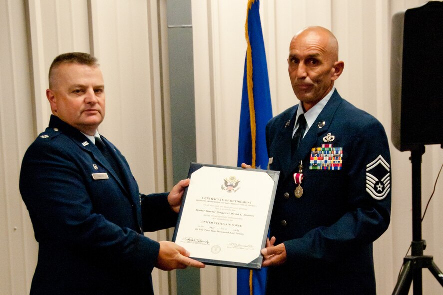 Lt. Col. Bryan G. Anders, commander of the 934th Civil Engineering Squadron, presents Senior Master Sgt. David L. Sowers with his certificate of retirement at the Minneapolis-St. Paul Air Station, Minn.  (U.S. Air Force Photo/ Staff Sgt. Samantha Wagner)