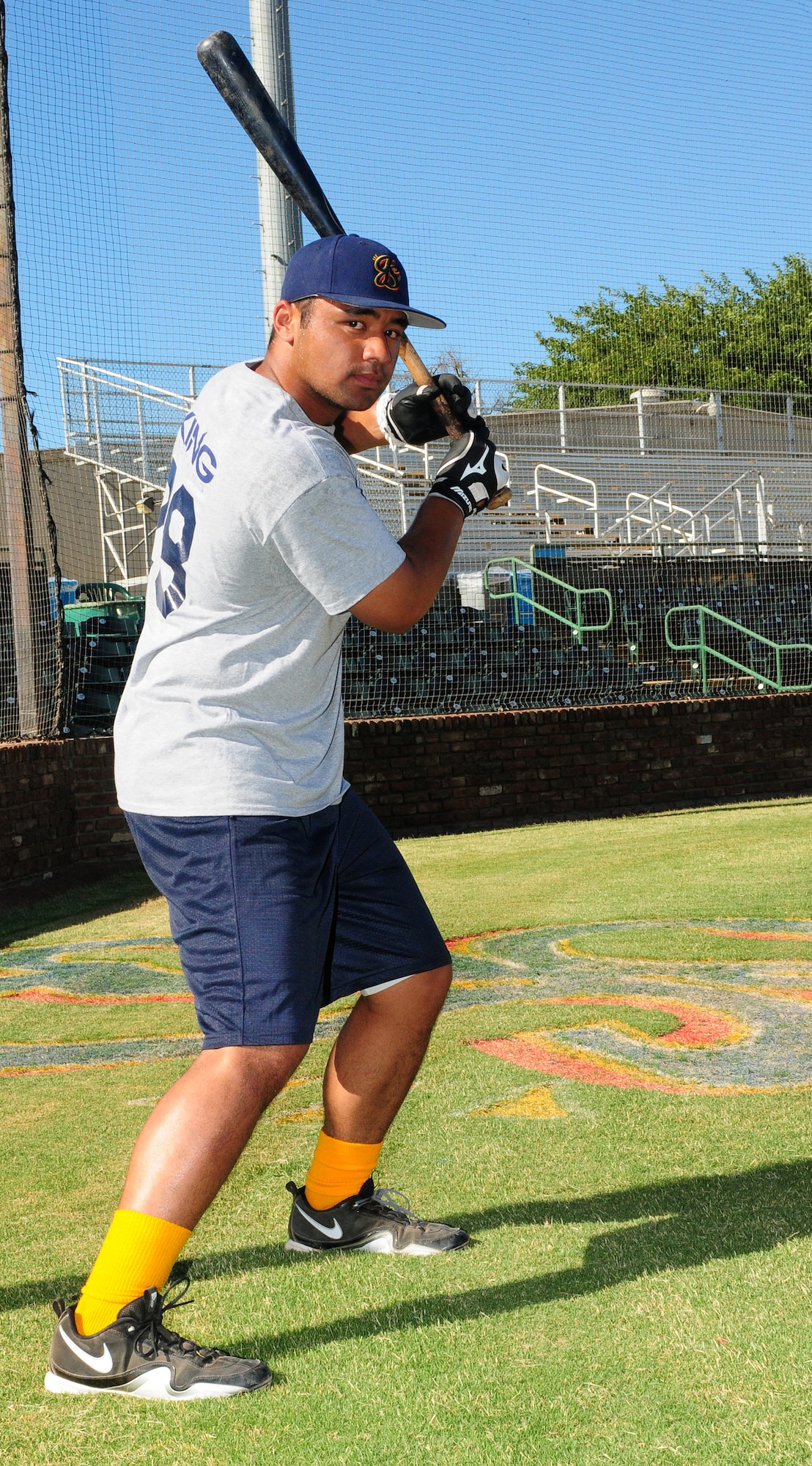 Air Force Academy Cadet Seth Kline poses in his batting stance during pregame warm-ups at Appeal-Democrat Field in Marysville, Calif. July 5. Kline was named to the Mountain West All Conference Team this year after a great season with the Air Force Falcons. (U.S. Air Force photo by Senior Airman Allen Pollard)