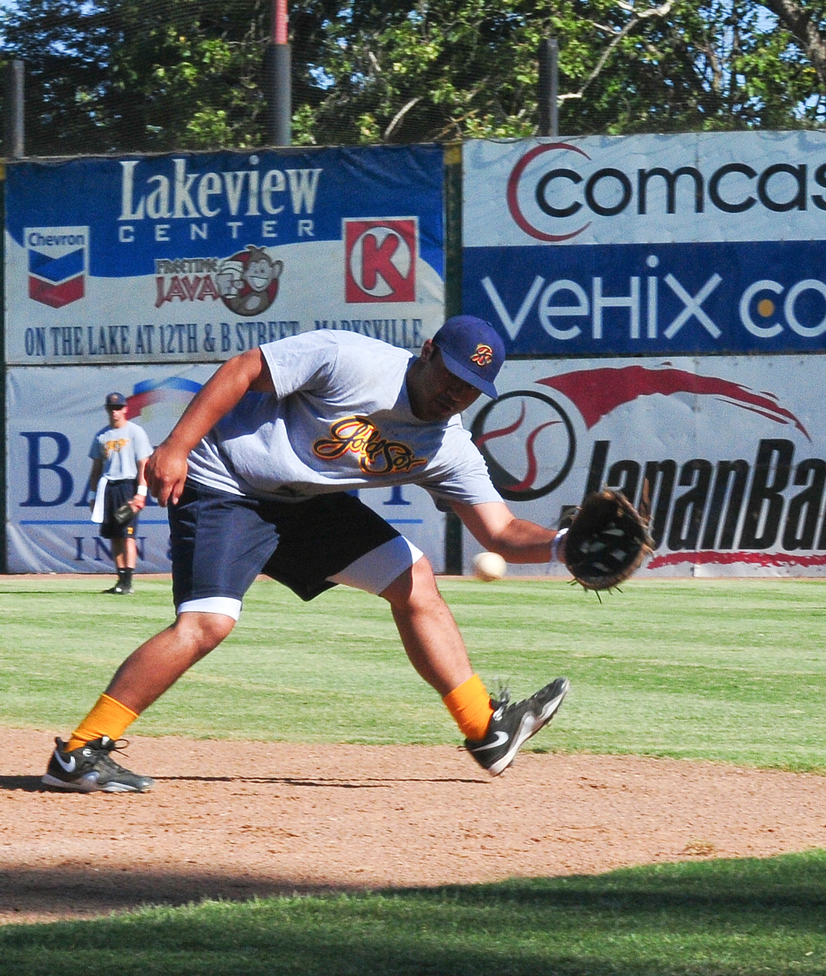 Air Force Academy Cadet Seth Kline fields a ground ball during pregame warm-ups at Appeal-Democrat Field in Marysville, Calif. July 5. Kline will be playing summer baseball with the Marysville Goldsox during his three week Operation Air Force tour here. (U.S. Air Force photo by Senior Airman Allen Pollard)
