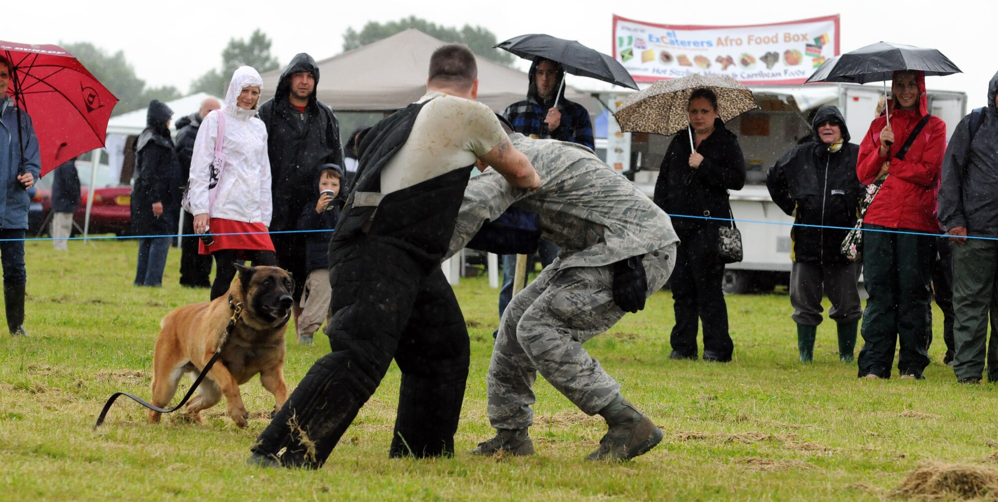 TIBENHAM, England -- Military Working Dog Ootto wastes no time coming to the aid of his handler, Staff Sgt. Billy Lofton, 100th Security Forces Squadron, RAF Mildenhall, during a demonstration at the Tibenham Heritage Air Festival July 8, 2012. In the scenario, a suspect, played here by Staff Sgt. Kaylon Pendelton, 100th SFS, attacks the K-9 handler during a search, and Ootto jumps in to assist at the first sign of aggression. (U.S. Air Force photo/Staff Sgt. Austin M. May)