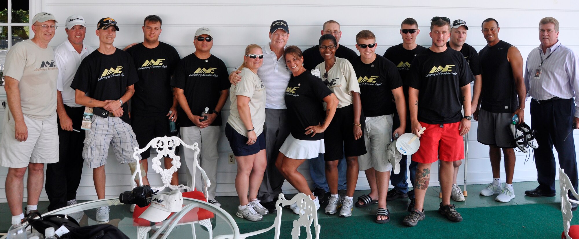Soldiers from the Ft. Eustis' Warrior Transition Unit met professional golf greats Tom Watson (center) and Tiger Woods (second from right) at the Greenbrier Golf Tournament in White Sulphur Springs, W. Va., July 4, 2012. The Soldiers visited the Greenbrier Classic Tournament as part of leisure trip provided by the "Gathering of Mountain Eagles," a non-profit organization which sponsors two trips annually for WTU personnel, as well as Service members receiving care at Portsmouth Naval Medical Center, Ft. Belvoir, Va., Ft. Bragg, N.C., and other area installations. The trips, which often include skiing, white water rafting, and entertainment, are provided free of charge to Soldiers. (Photo courtesy/Woody Aurentz)
