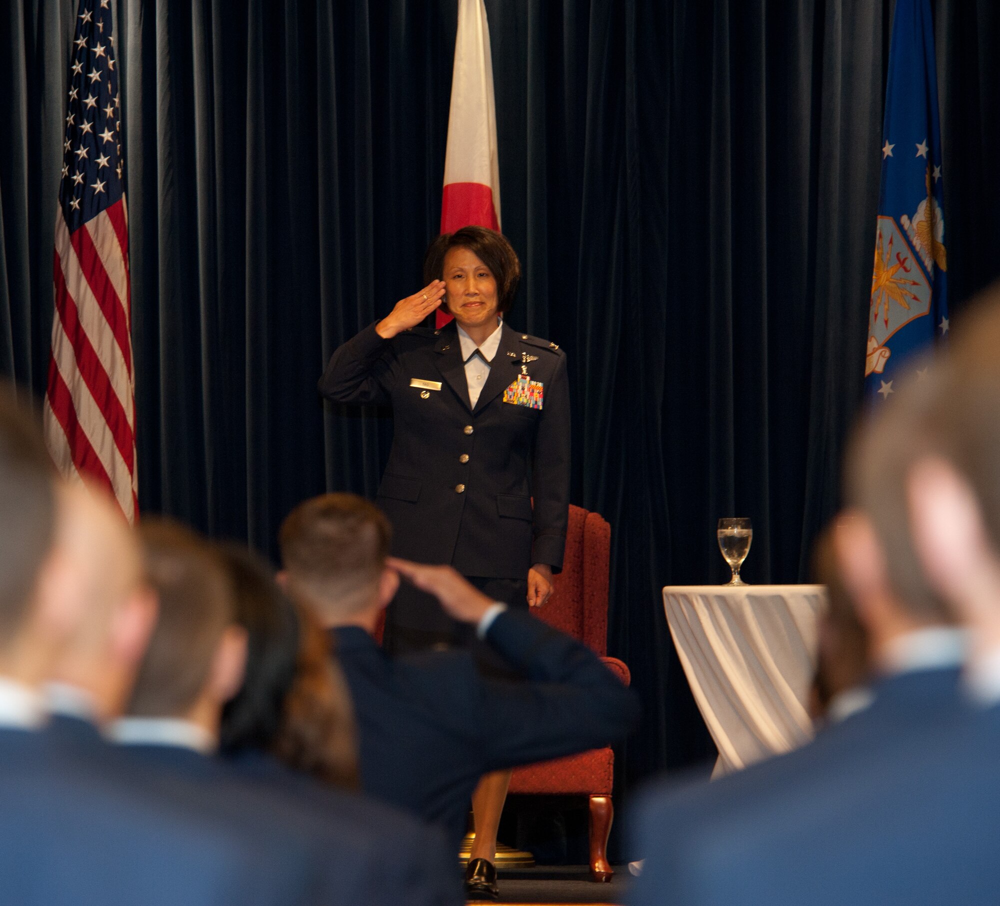 YOKOTA AIR BASE, Japan -- Col. Eveline Yao, the new 374th Medical Group commander, renders her first salute to her unit during a change of command ceremony at Yokota Air Base, Japan, July 9, 2012. (U.S. Air Force photo by Airman 1st Class John D. Partlow)
