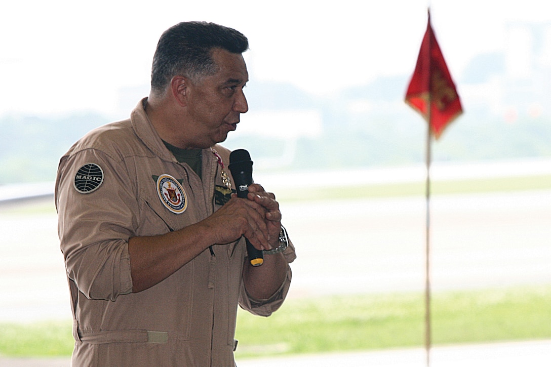 Col. Leo A. Falcam Jr. speaks to Marines and family members gathered to honor him at his retirement ceremony at Hangar 456 on Marine Corps Air Station Futenma May 4. Falcam spoke about his time in the Marine Corps and on Okinawa. During the ceremony, he was awarded the Legion of Merit medal, certificate of commendation from Commander in Chief President Barack Obama and two general officer-level letters of appreciation. Falcam was the deputy commander of Marine Corps Installations Pacific.
