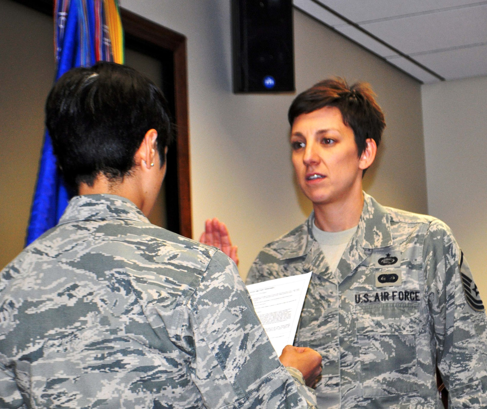 TRAVIS AIR FORCE BASE, Calif. -- Master Sgt. Heather Bradley, right, has left the 349th Equal Opportunity office. But is now 2nd Lt. Heather Bradley, Medical Services officer, assigned to the 349th Aeromedical Staging Squadron. (U.S. Air Force photo/Senior Master Sgt. Ellen Hatfield)