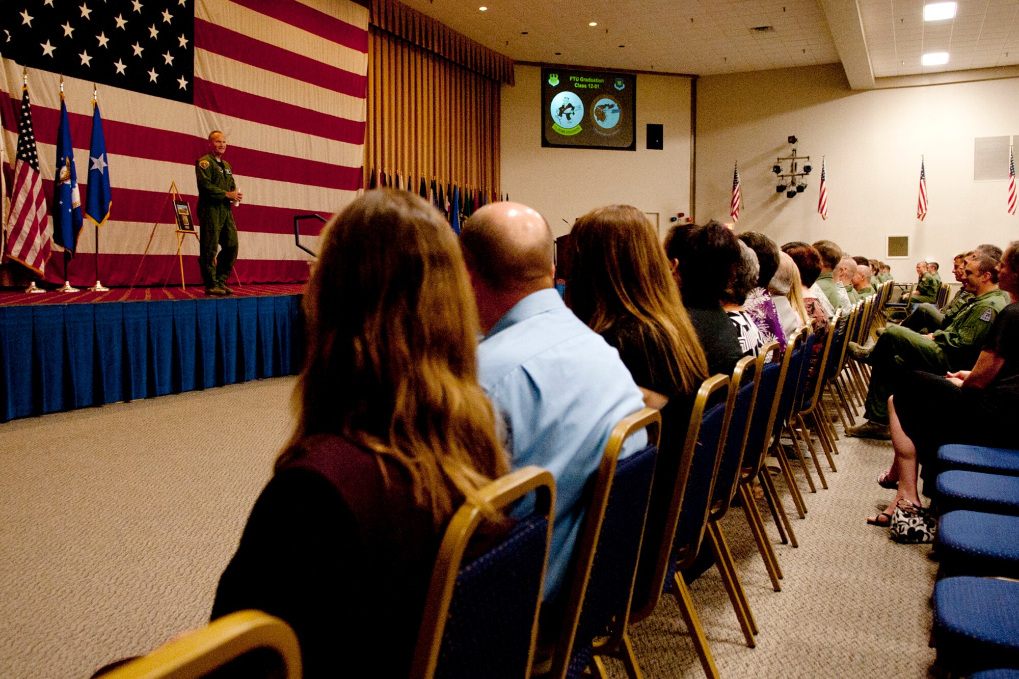U.S. Air Force Brig. Gen. James Brown, Air Force Global Strike Command director of operations, is the guest speaker during the Formal Training Unit graduation ceremony on Barksdale Air Force Base, La., July 10, 2012. The FTU graduated 28 aircrew members who spent nine months at Barksdale learning to fly the B-52H Stratofortress. (U.S. Air Force photo by Master Sgt. Greg Steele/Released)