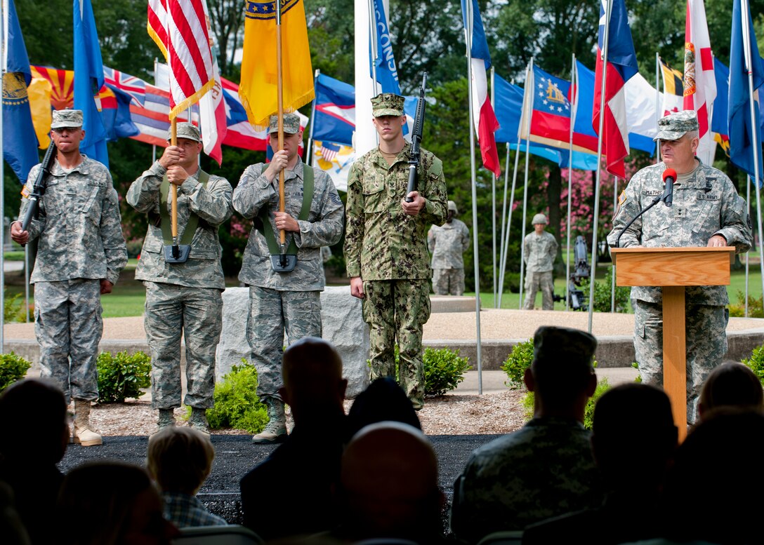Maj. Gen. Jeff Mathis, Joint Task Force - Civil Support commander speaks, to audience during the JTF-CS change of command, at Seay Plaza, Fort Eustis, Va., July 11, 2012. Mathis began his career in 1975 as a special forces communications and weapons sergeant. He was commissioned in 1981, graduating from Officer Candidate School as the distinguished graduate. (U.S. Air Force photo by Senior Airman John D. Strong II/Released)