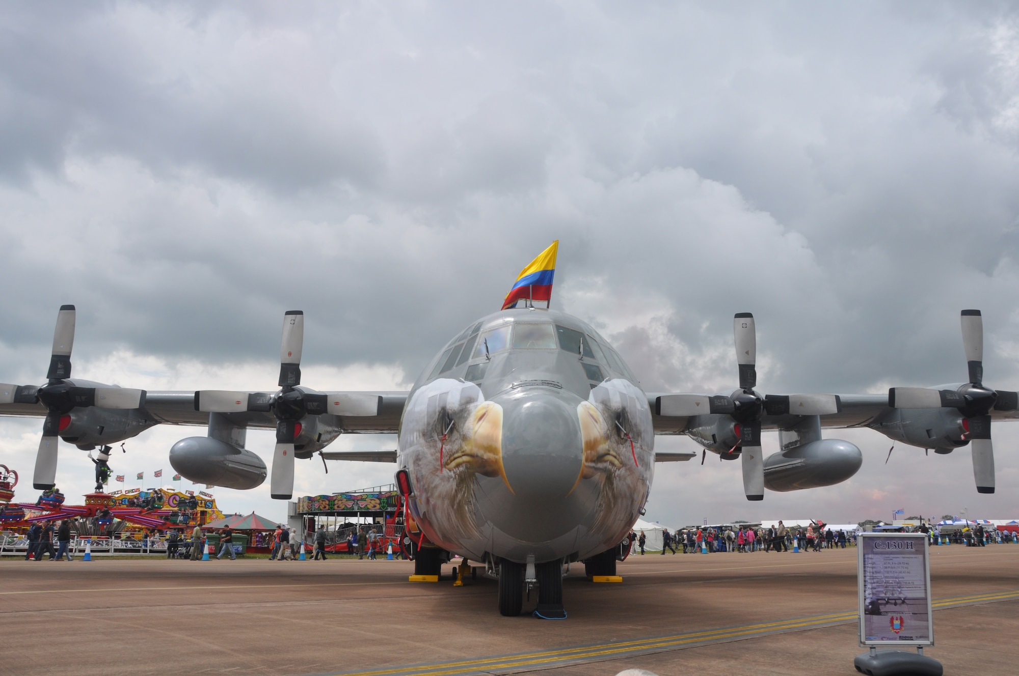 A Columbian C-130H, showcases a colorful paint scheme at the Royal International Air Tattoo held July 7-8 at RAF Fairford, United Kingdom. The aircraft is one 268 aircraft on display at the largest military air show in the world. (U.S. Air Force photo/Master Sgt. Donna T, Jeffries) 