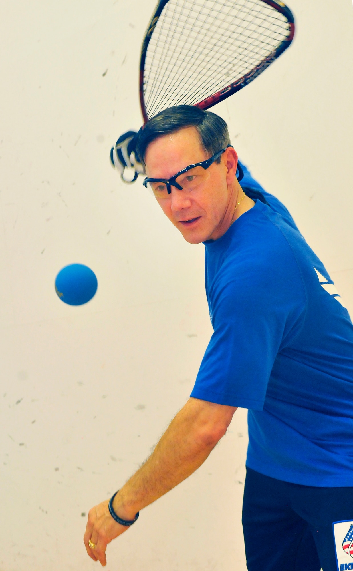 Master Sgt. Frederick Rogers works with the Wounded Warrior Program's Racquetball Rehabilitation Clinic. (U. S. Air Force photo/ Sue Sapp)