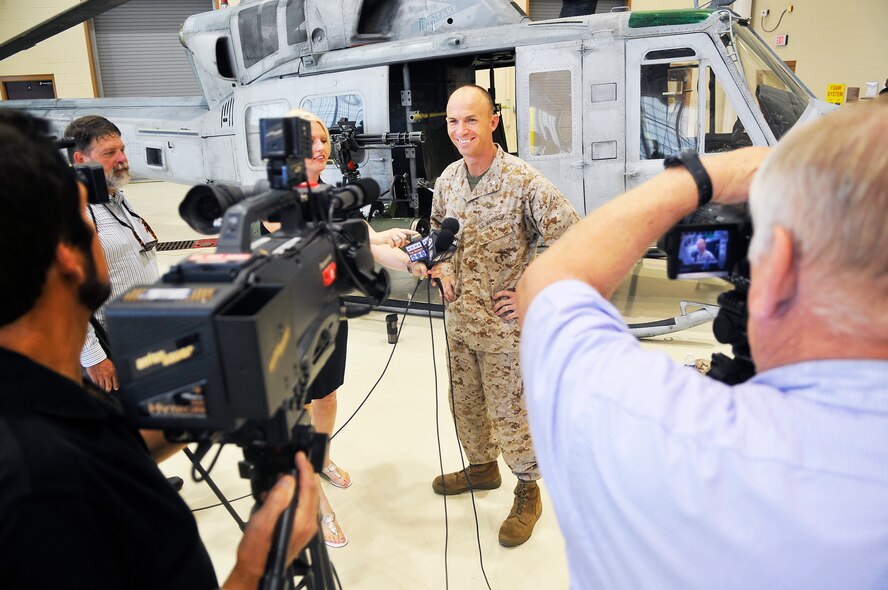 Lt. Col. David M. Steele, Marine Aircraft Group 49, Det. A commander, speaks with media. (U. S. Air Force photo/Sue Sapp)