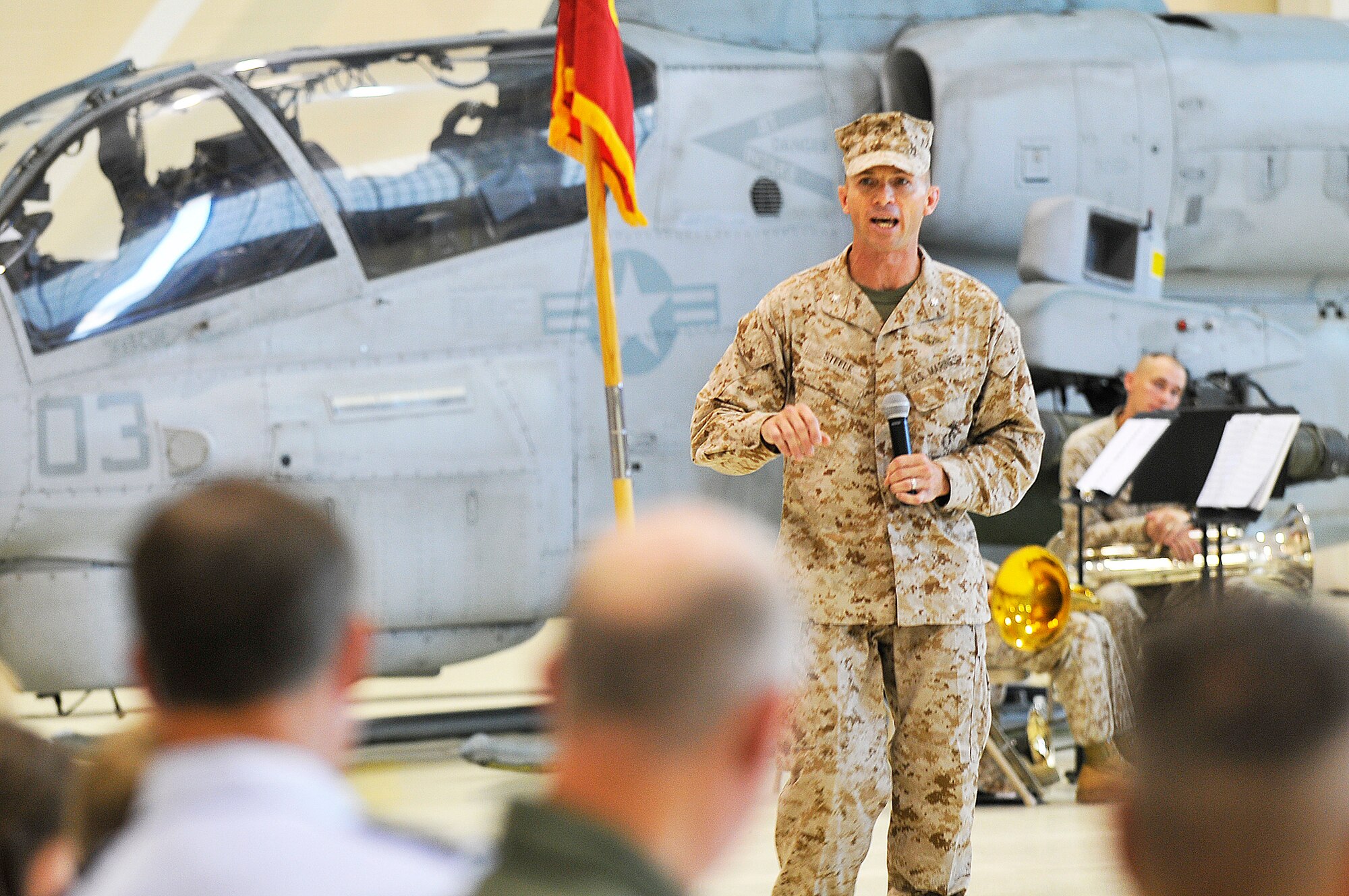 Lt. Col. David M. Steele makes remarks after assuming command of Marine Aircraft Group 49, Det. A, Monday.  (U. S. Air Force photo/Sue Sapp)