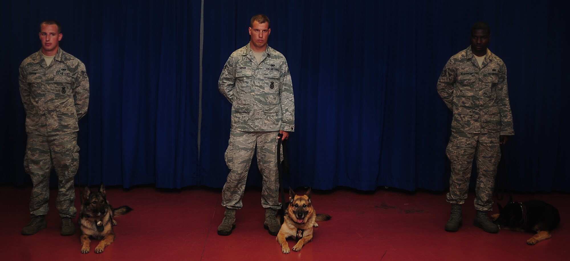 Senior Airman Brandon Denton and Brett Carson and Staff Sgt. Jarvis Beauchamp, 6th Security Forces Squadron military working dog handler, stand with their partners Conny, Jago and Haris during a retirement ceremony in honor of the dogs at MacDill Air Force Base, Fla., July 12, 2012. Conny and Jago are being adopted by their current handlers and Haris by a family from Louisiana. (U.S. Air Force photo by Senior Airman Melissa Paradise/Released/cropped to point of interest)
