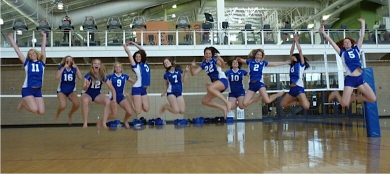 HILL AIR FORCE BASE, Utah – Members of the 2012 Air Force Women’s Volleyball team show off their jumping skills at the base fitness center, June 18, 2012. The team dominated the All-Armed Forces Volleyball tournament at Naval Air Station Great Lakes, Ill. with a 6-0 victory over the Army, Navy, and Marine Corps women’s volleyball teams. (Courtesy photo by Capt. Virginia L. Aguilar / 97th Medical Support Squadron / Released)