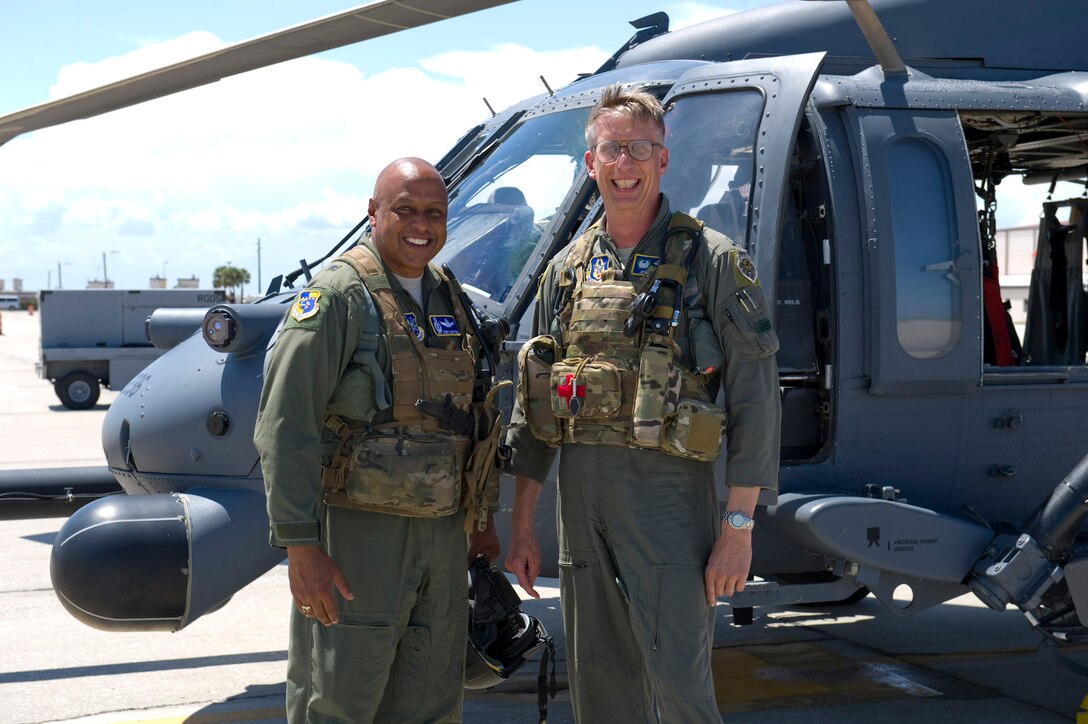 Brig. Gen. Anthony Cotton, 45th Space Wing commander, accepted an invitation from Col. Jeffrey Macrander, 920th Rescue Wing commander, to fly with the rescue wing Monday. Colonel Macrander piloted the general in a HH-60G Pave Hawk orientation flight. (Photo by Julile Dayringer)