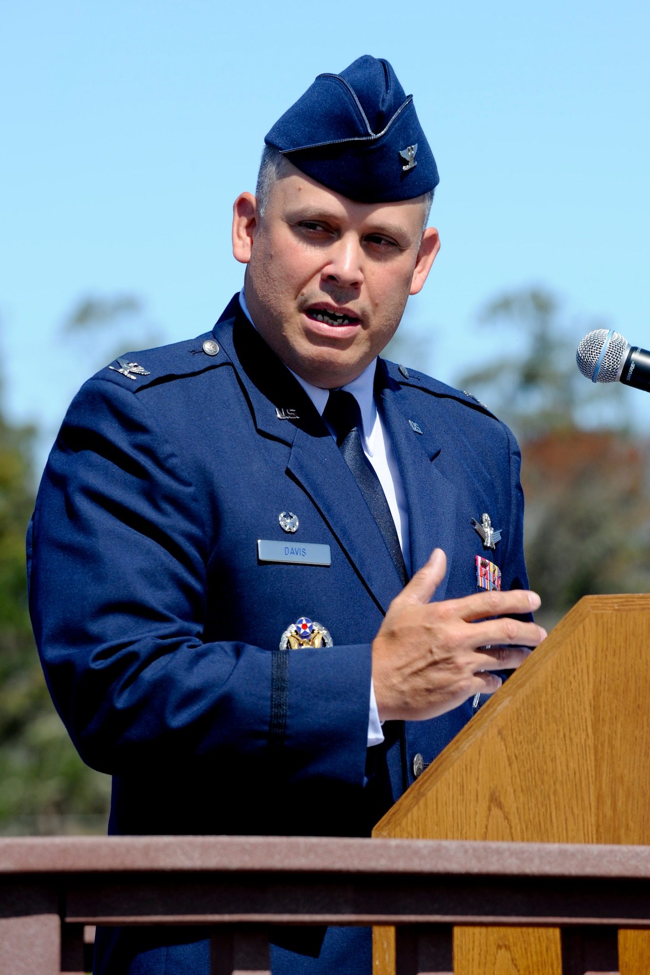 VANDENBERG AIR FORCE BASE, Calif. -- Col. Jed Davis, the arriving 30th Mission Support Group commander, addresses the crowd during a change of command at the parade grounds here Tuesday, July 10, 2012.The 30th MSG provides security, law enforcement, disaster response, civil engineer, base services, mission support, morale services, contracting, and logistical support for Vandenberg AFB. (U.S. Air Force photo/Staff Sgt. Levi Riendeau)