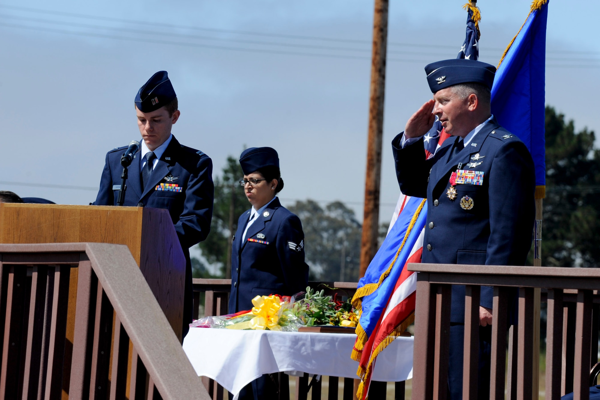 VANDENBERG AIR FORCE BASE, Calif. -- Col. Kelly Kirts, the departing 30th Mission Support Group commander, performs his final salute during a change of command at the parade grounds here Tuesday, July 10, 2012. The 30th Mission Support Group changed commanders, with Col. Nina Armagno, the 30th Space Wing commander, handing command over to Col. Jed Davis. (U.S. Air Force photo/Staff Sgt. Levi Riendeau)