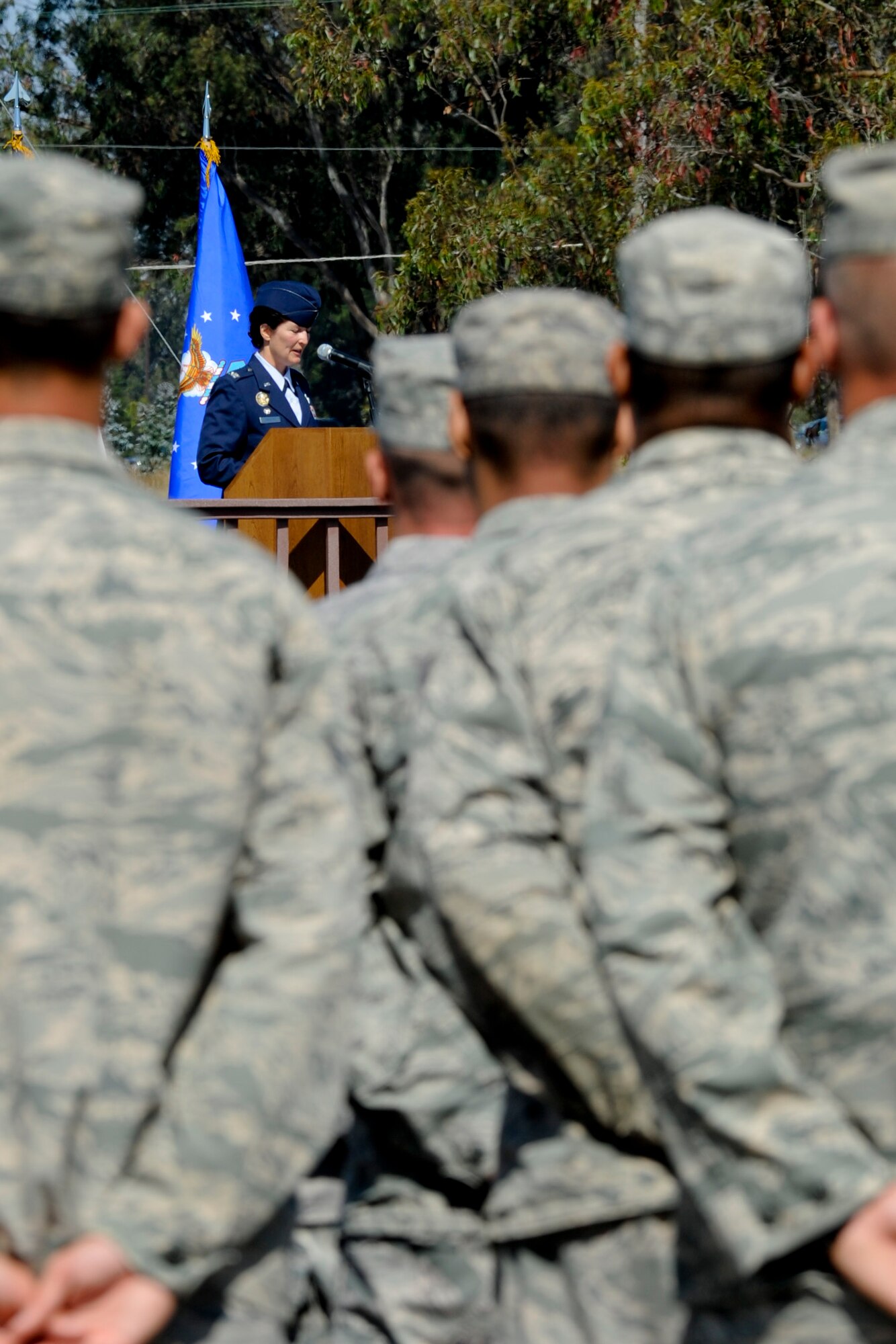 VANDENBERG AIR FORCE BASE, Calif. -- Col. Nina Armagno, the 30th Space Wing commander, addresses the crowd during the 30th Mission Support Group change of command at the parade grounds here Tuesday, July 10, 2012. The 30th MSG provides security, law enforcement, disaster response, civil engineer, base services, mission support, morale services, contracting, and logistical support for Vandenberg AFB. (U.S. Air Force photo/Staff Sgt. Levi Riendeau)