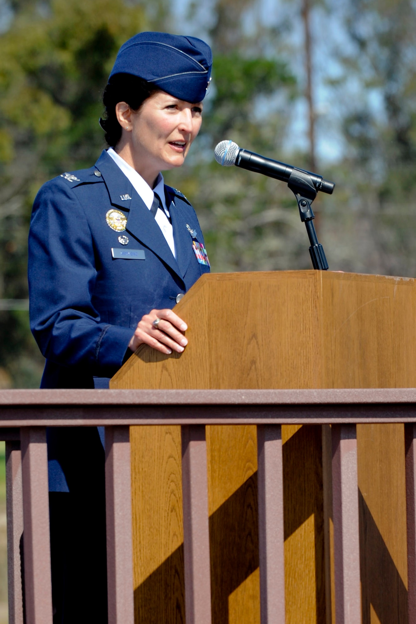 VANDENBERG AIR FORCE BASE, Calif. -- Col. Nina Armagno, the 30th Space Wing commander, addresses the crowd during the 30th Mission Support Group change of command at the parade grounds here Tuesday, July 10, 2012. The 30th MSG provides security, law enforcement, disaster response, civil engineer, base services, mission support, morale services, contracting, and logistical support for Vandenberg AFB.  (U.S. Air Force photo/Staff Sgt. Levi Riendeau)