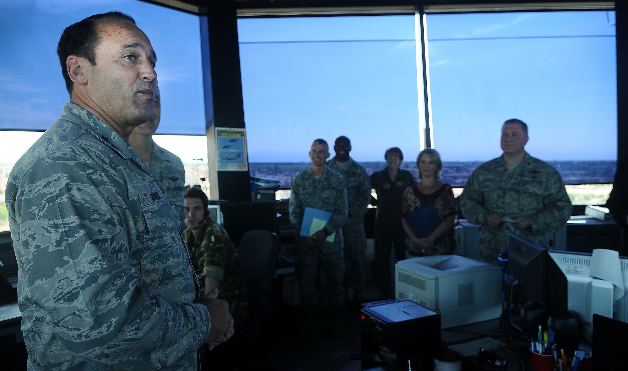 Maj. Gen. Noel T. Jones, U.S. Air Forces in Europe vice commander, meets with 31st Fighter Wing leaders and air traffic controllers in the tower July 12 during his first visit to Aviano Air Base, Italy since his appointment as the USAFE vice commander June 19. During his visit, Jones met with base officials to discuss the wing’s mission, toured installation facilities and met with Airmen. (U.S. Air Force photo/Senior Airman Katherine Windish)
