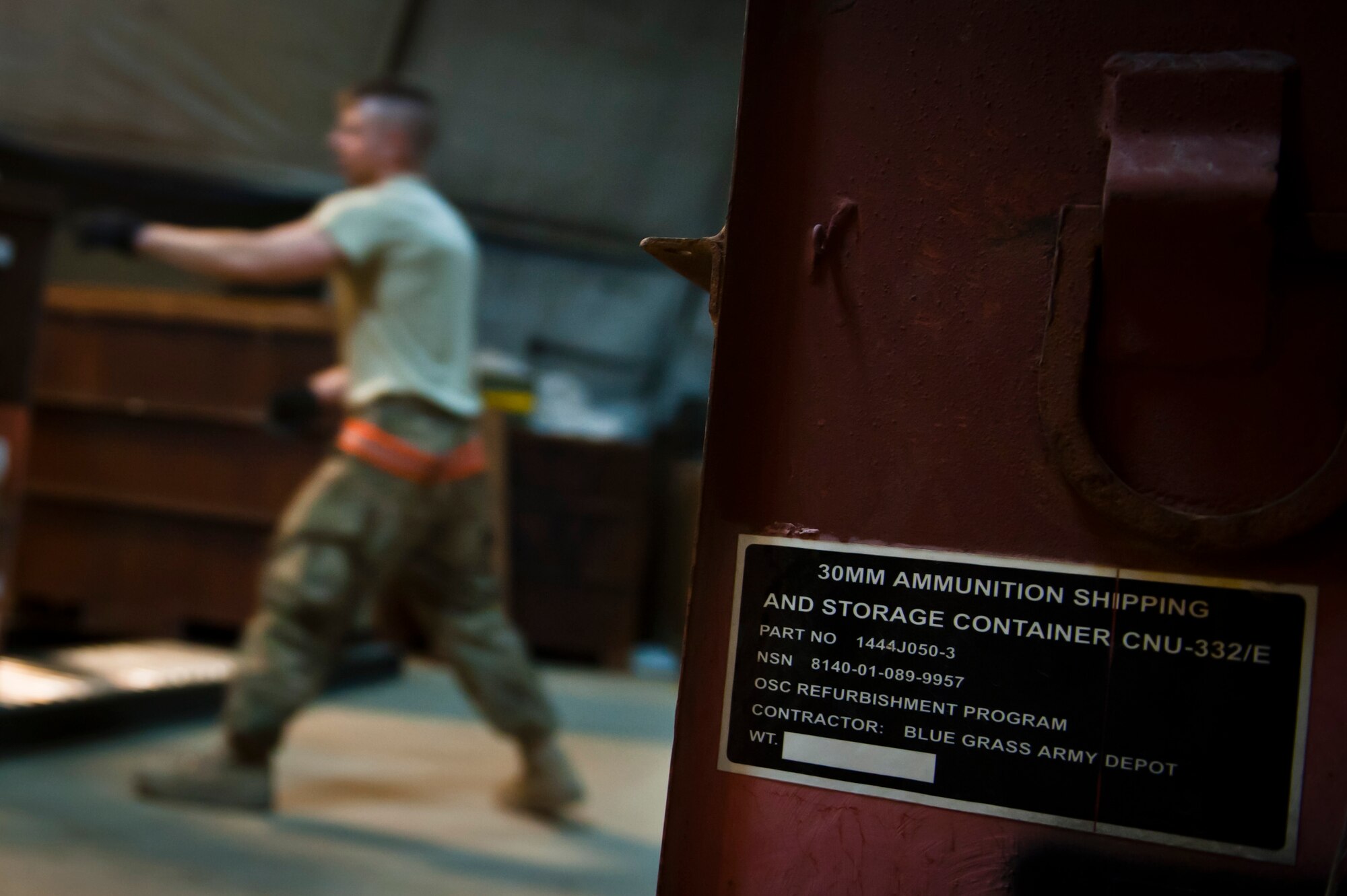 A container of 30mm High Explosive Incendiary rounds for the U.S. Air Force A-10 Thunderbolt II’s GAU-8/A ‘Avenger’ cannon stands at Bagram Airfield, Afghanistan, June 29, 2012. 455 MXS Munitions Airmen are responsible for processing and inspecting the A-10’s specialized ammunition. (U.S. Air Force photo/Capt. Raymond Geoffroy)