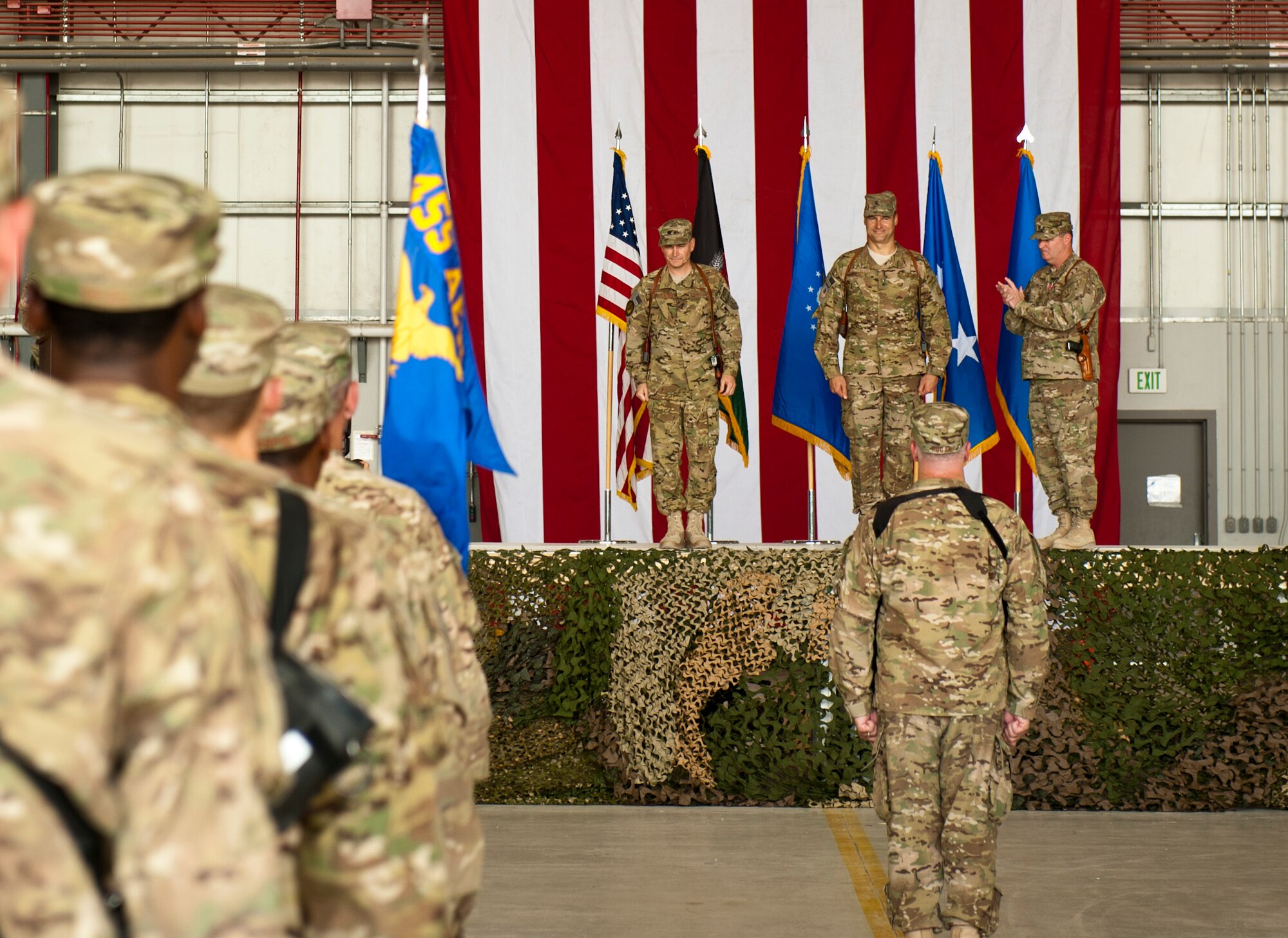 Brig. Gen. Joseph Guastella stands as the new 455th Air Expeditionary Wing commander during the wing’s change of command ceremony at Bagram Airfield, Afghanistan, July 12, 2012. Guastella is now responsible for leading the 455 AEW in providing dedicated airpower to coalition forces in Afghanistan. (U.S. Air Force Photo/Capt. Raymond Geoffroy)