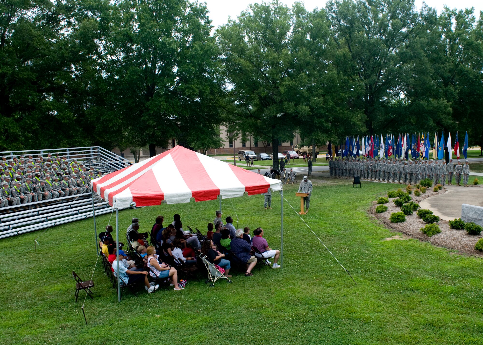Soldiers from the 128th Aviation Brigade carry the colors of each state in parade during the Independence Day celebration on Seay Plaza at Ft. Eustis, Va., July 4, 2012. The United States celebrated its 236th birthday this year, commemorating the signing of the Declaration of Independence, which announced the thirteen American colonies as independent states free from British rule. (U.S. Air Force photo by Senior Airman John D. Strong II/Released)